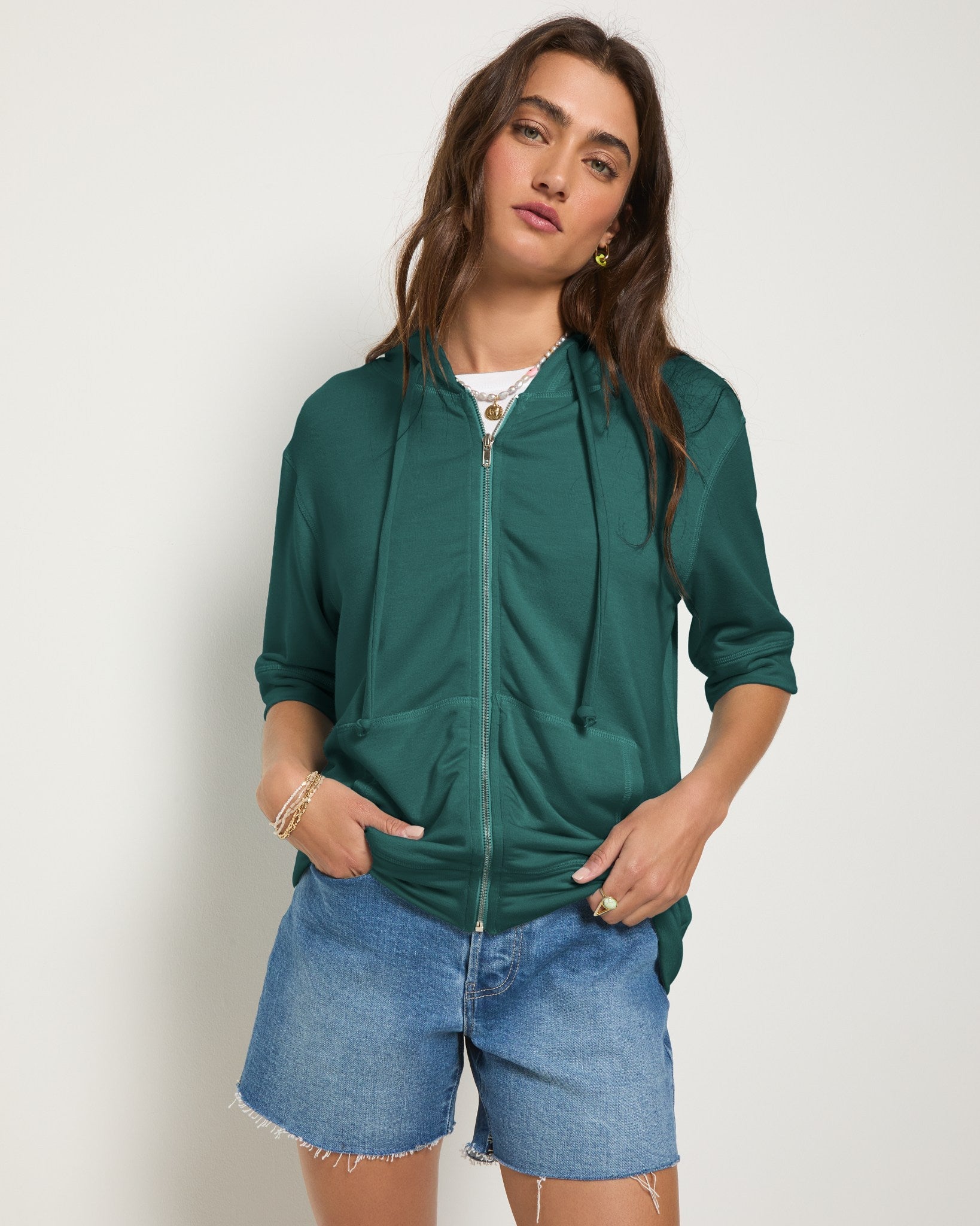 Deep Teal $|& SEAS Short Sleeve Fleece Zip Up - SOF Front