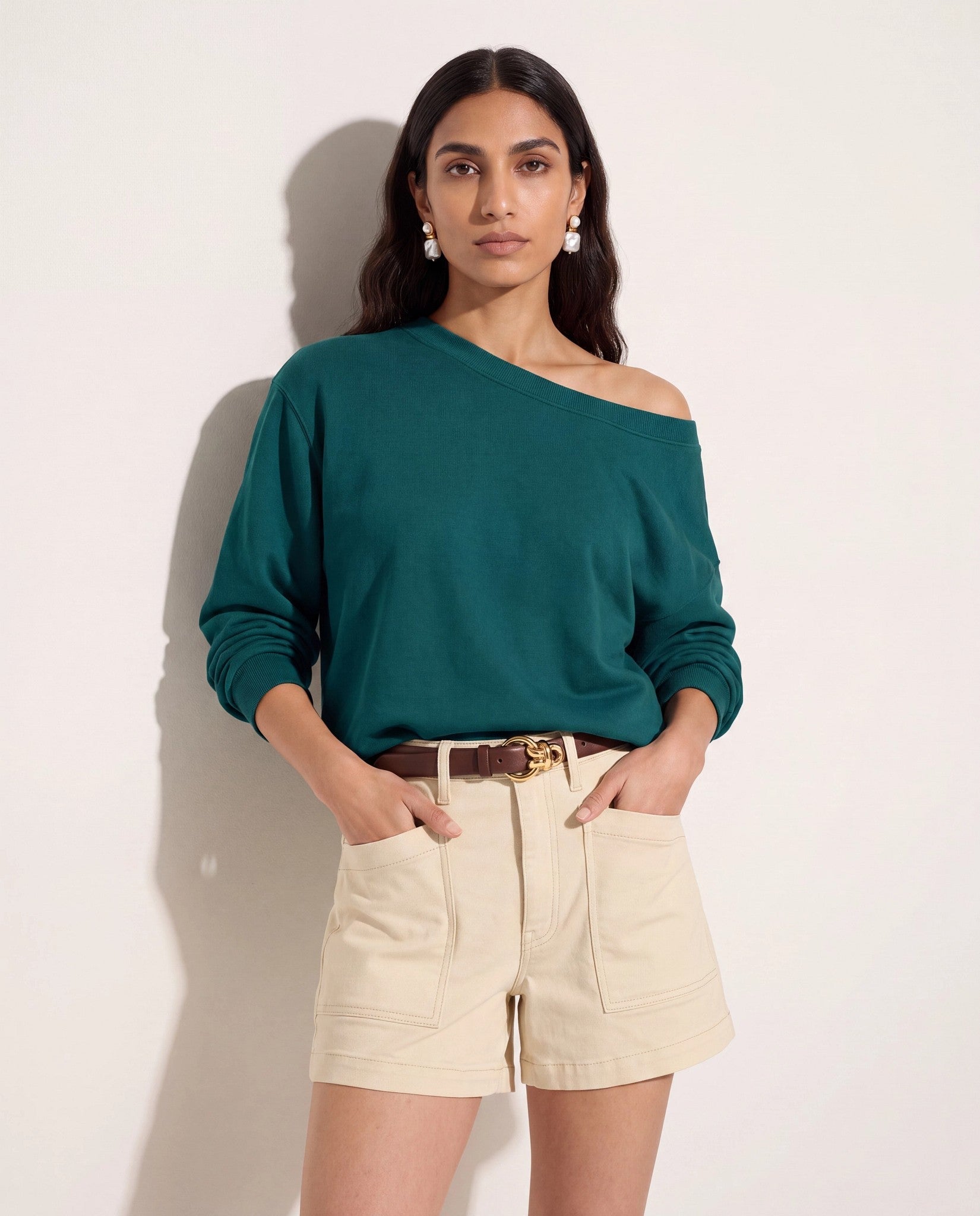 Deep Teal $|& SEAS Brooksville One Shoulder Sweatshirt - SOF Front