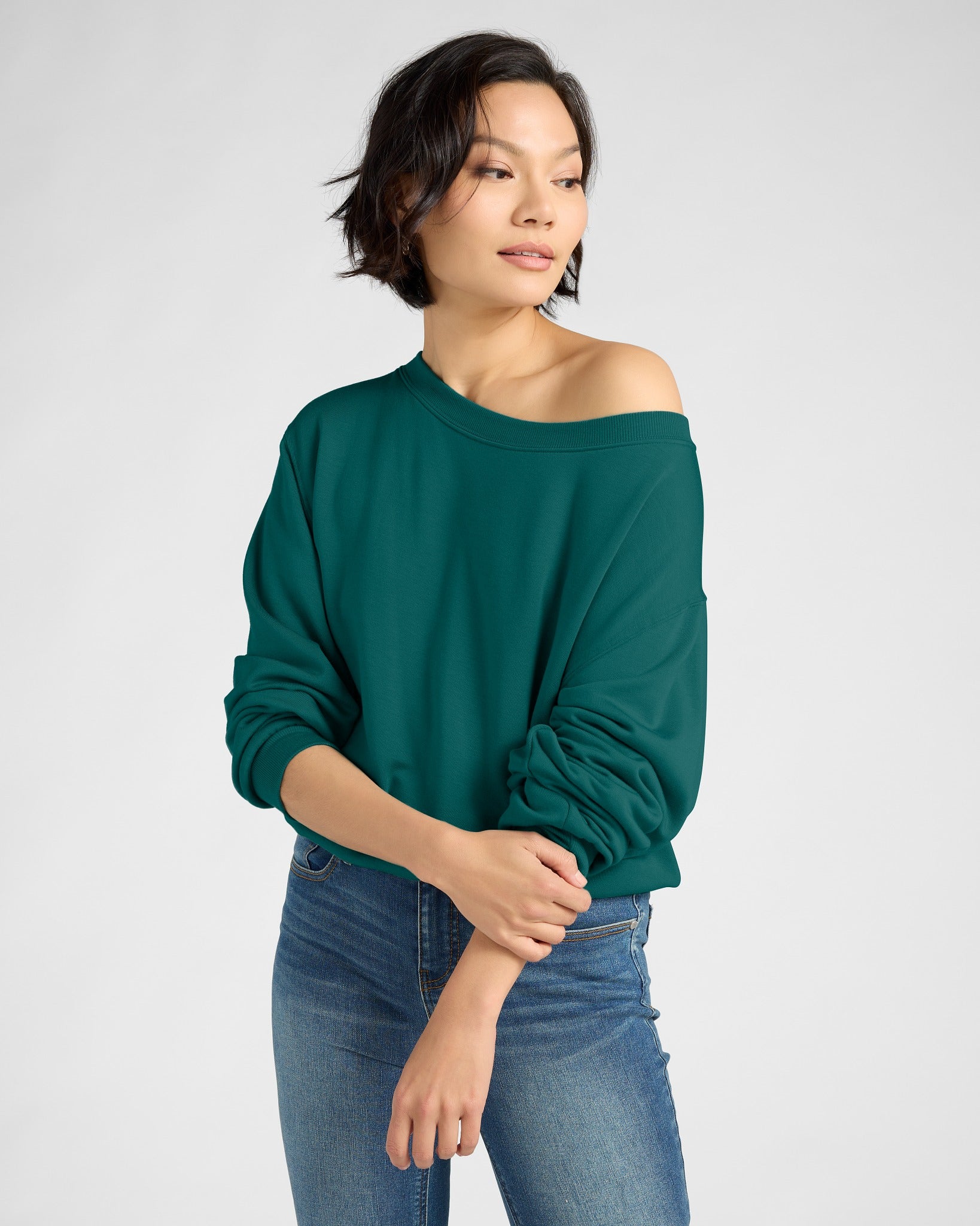 Deep Teal $|& SEAS Brooksville One Shoulder Sweatshirt - SOF Front