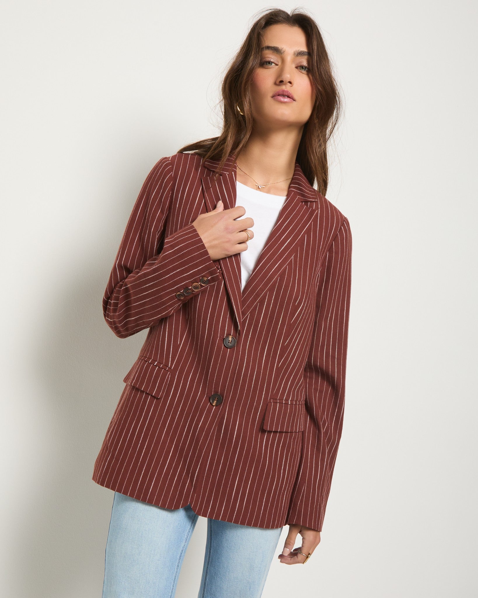 Cinnamon Stripe $|& SEAS Marina Linen Blend Blazer - SOF Front