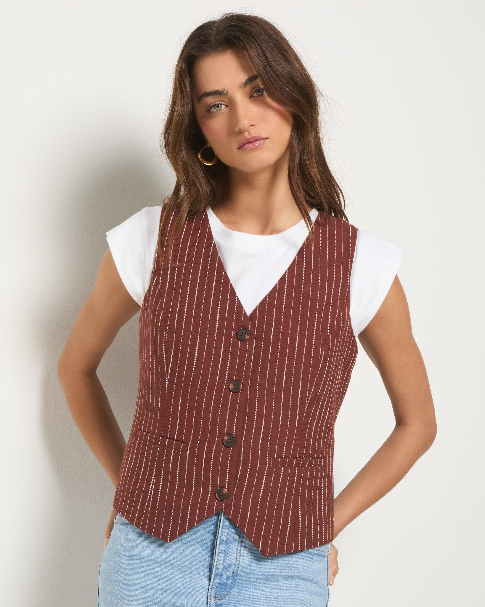 Cinnamon Stripe $|& SEAS Canyon Linen Blend Vest - SOF Full Front