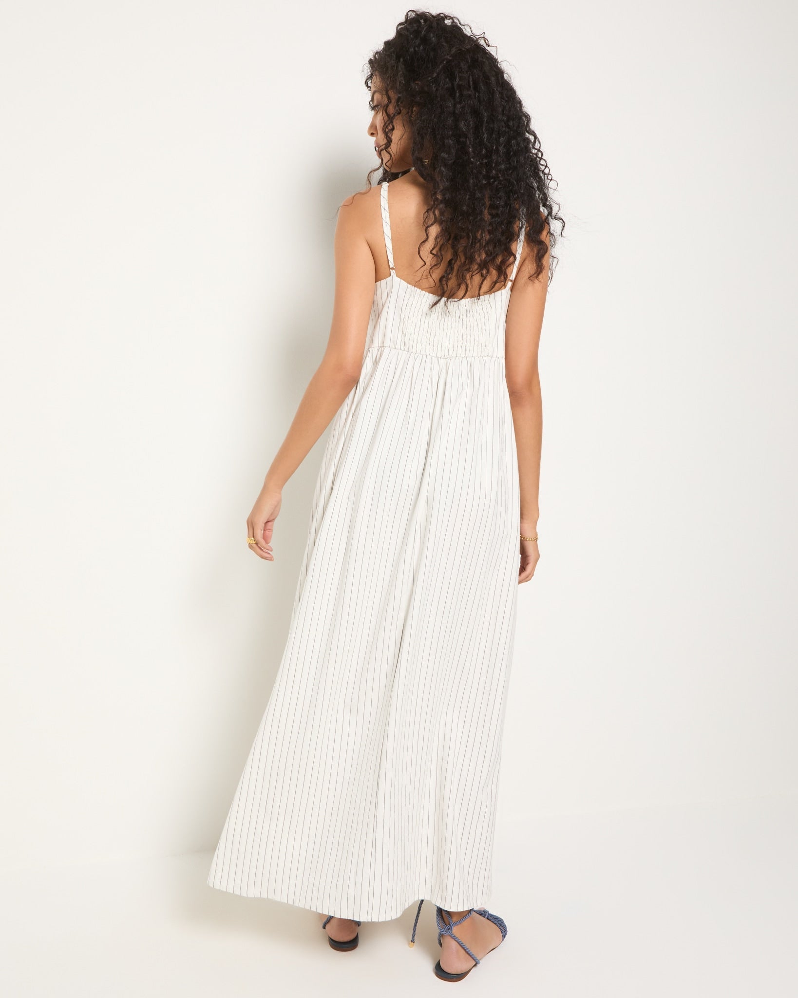 White Stripe $|& SEAS Shores Stripe Linen Maxi Dress - SOF Back