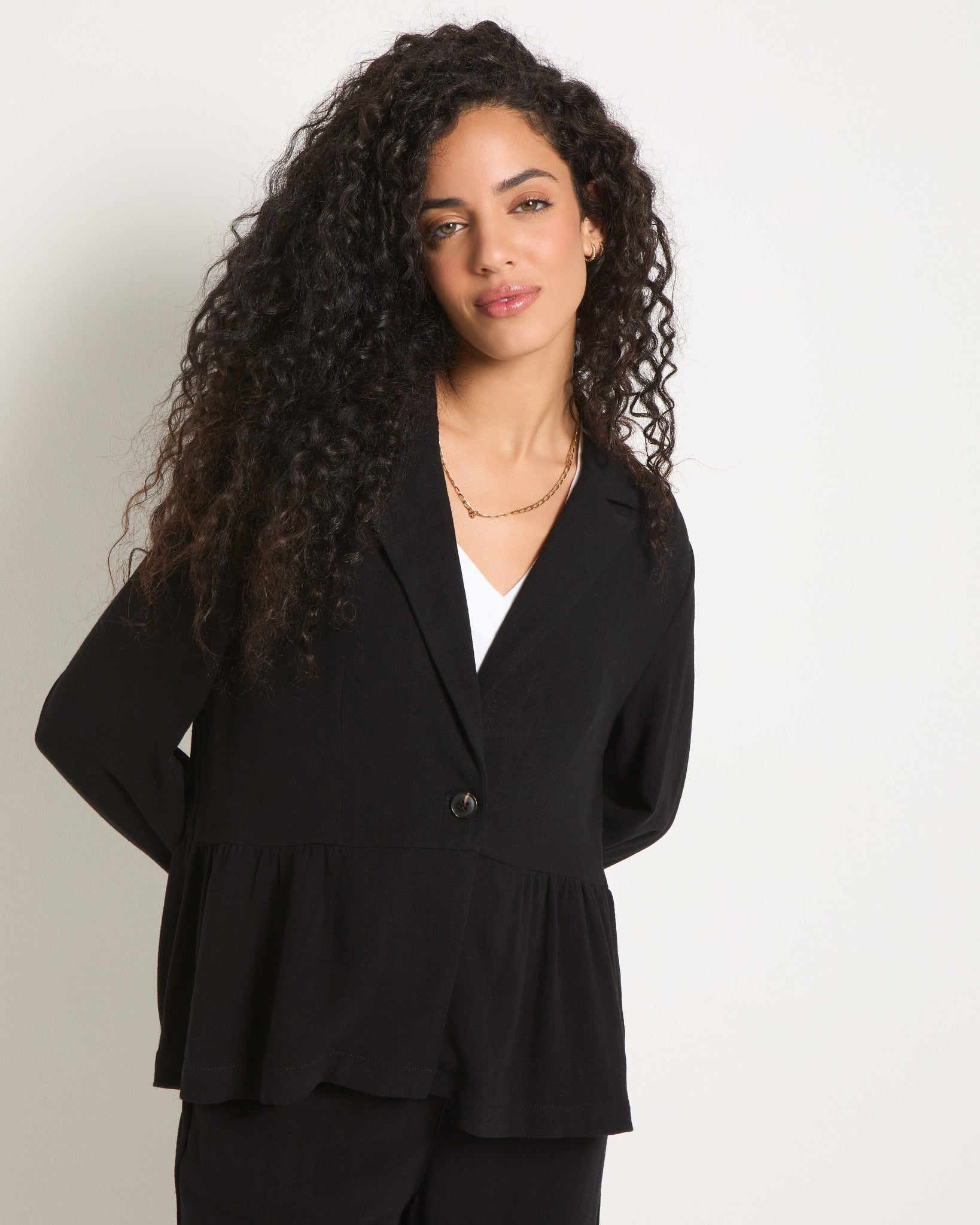Black $|& SEAS Cove Linen Peplum Blazer - SOF Front