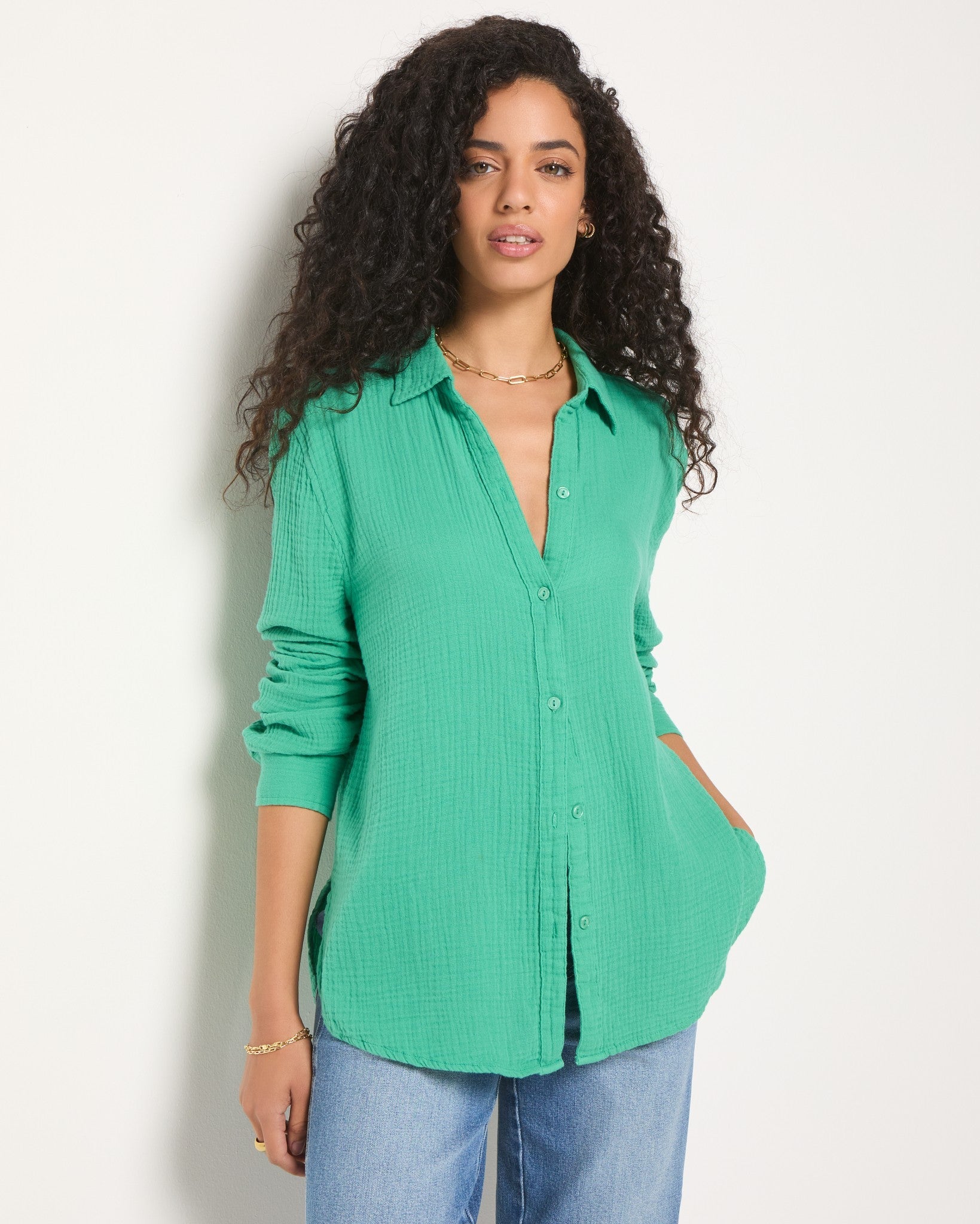 Green Apple $|& SEAS Whitecap Gauze Button Up Shirt - SOF Front