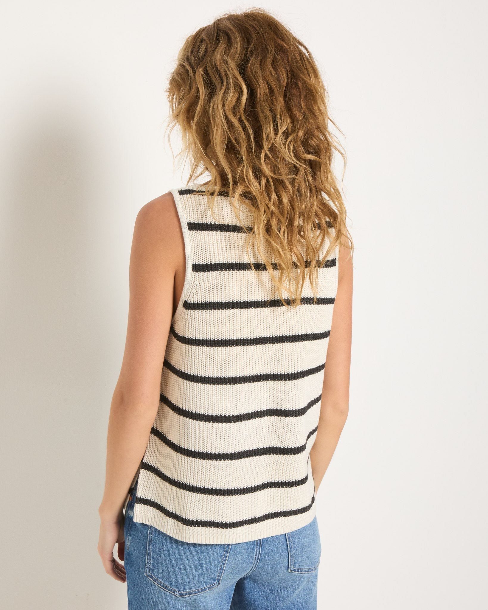 Cream/Black Stripe $|& SEAS Coastal V-Neck Stripe Sweater Tank - SOF Back