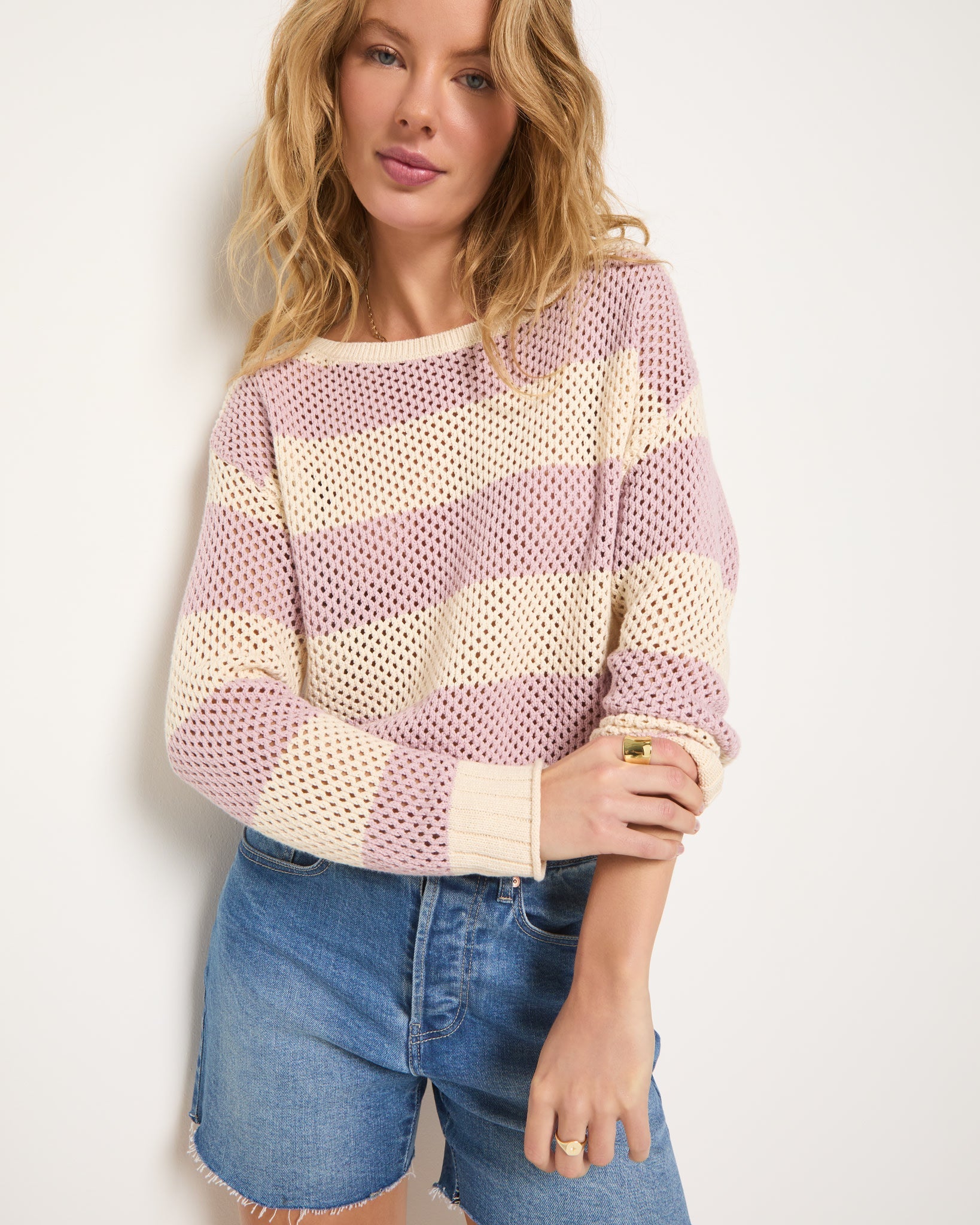 Smoky Lilac Stripe $|& SEAS Mariner Stripe Mesh Sweater - VOF Front