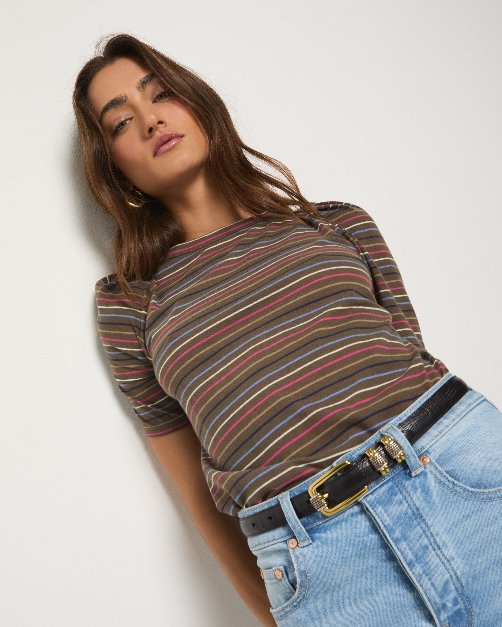 Truffle Multi Stripe $|& SEAS Seabreeze Boat Neck Puff Sleeve Tee - SOF Full Front