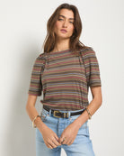 Truffle Multi Stripe $|& SEAS Seabreeze Boat Neck Puff Sleeve Tee - SOF Front