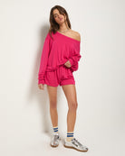 Magenta $|& SEAS Brooksville One Shoulder Sweatshirt - SOF Full Front
