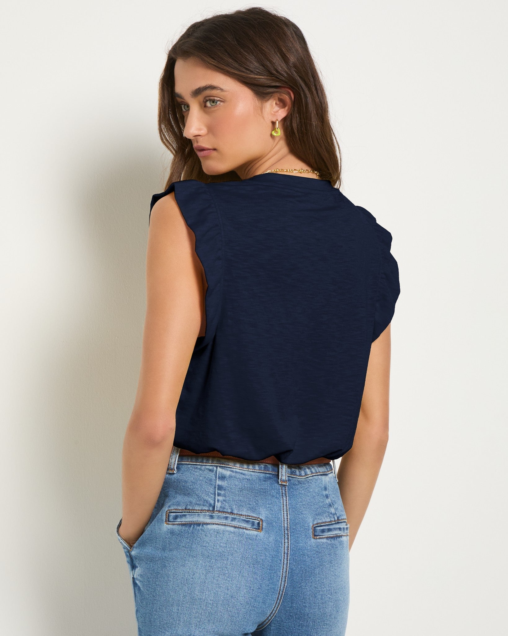 Sapphire $|& SEAS Ruffle Shoulder Tank - SOF Back