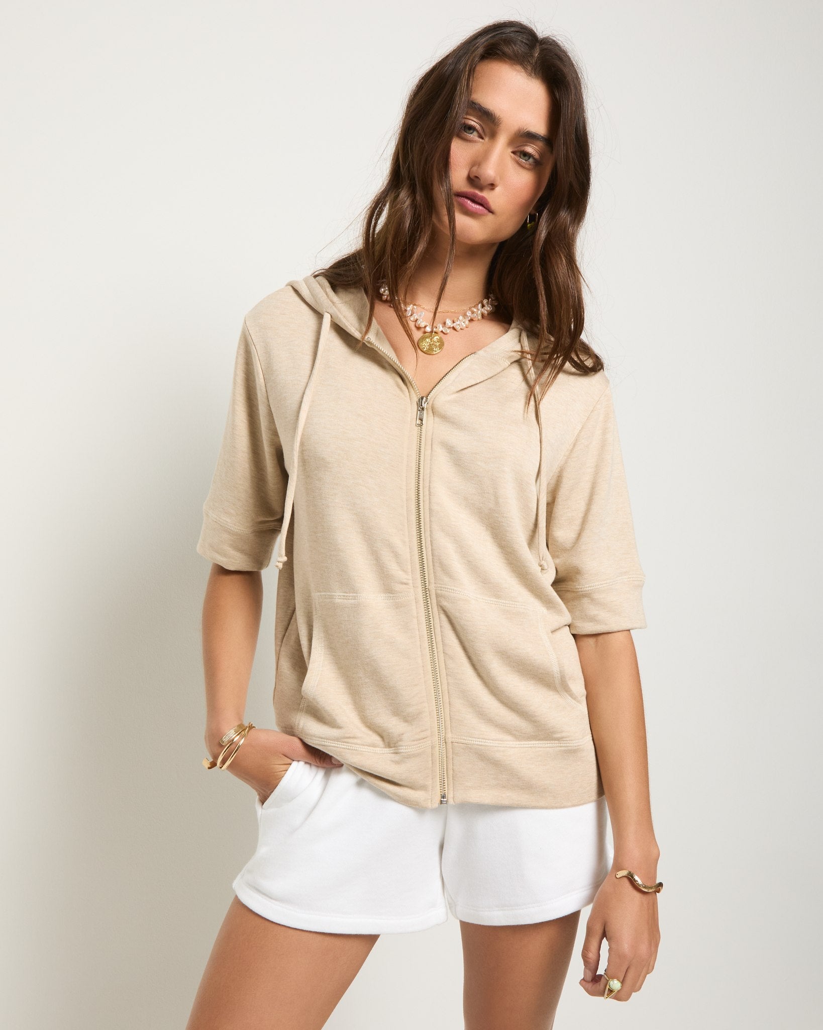 Oatmeal Heather $|& SEAS Short Sleeve Fleece Zip Up - VOF Front