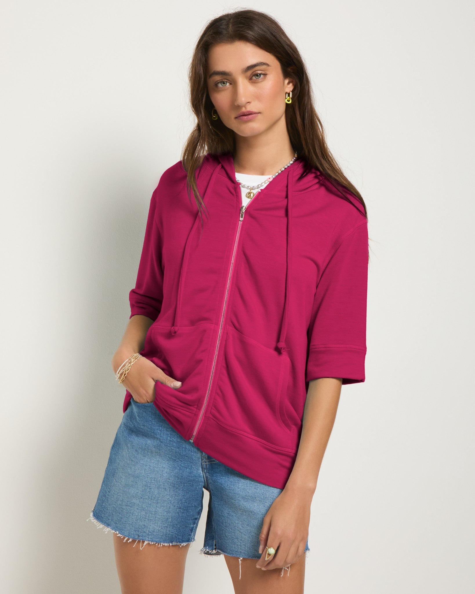 Magenta $|& SEAS Short Sleeve Fleece Zip Up - SOF Full Front