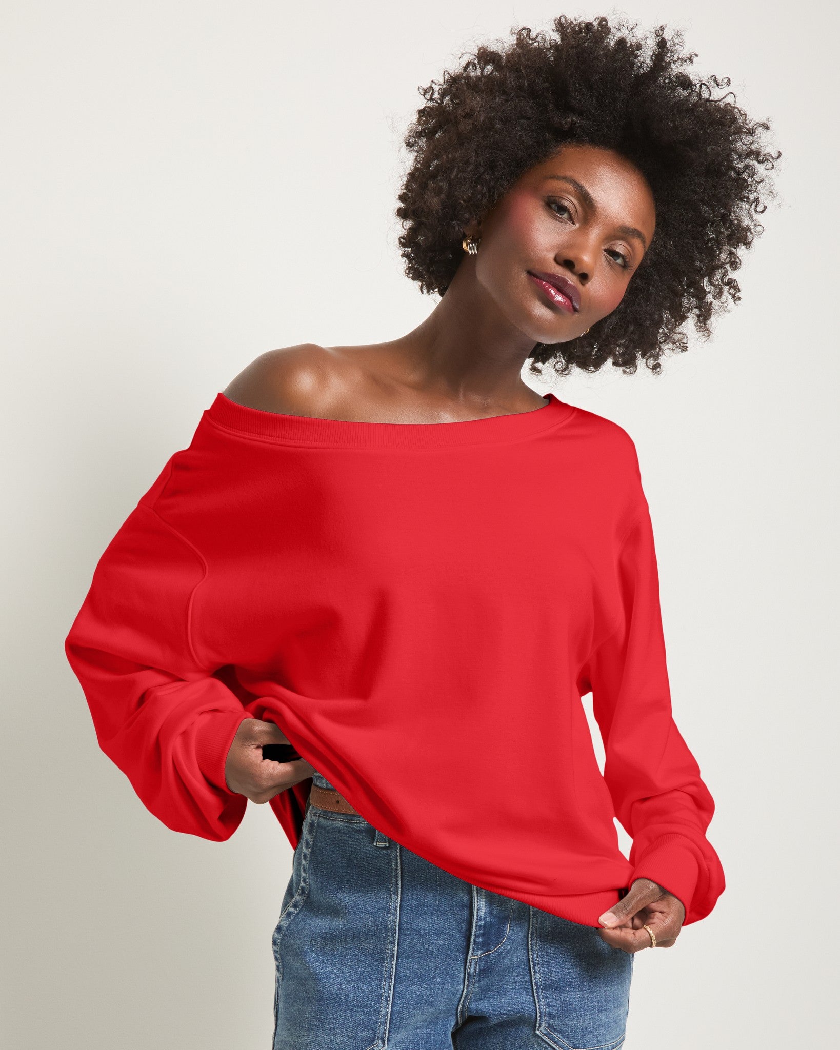 Pomegranate $|& SEAS Brooksville One Shoulder Sweatshirt - SOF Front