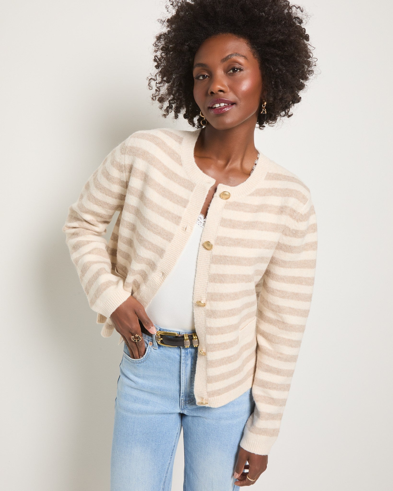 Cream Stripe $|& SEAS Coral Charm Cardigan - VOF Front