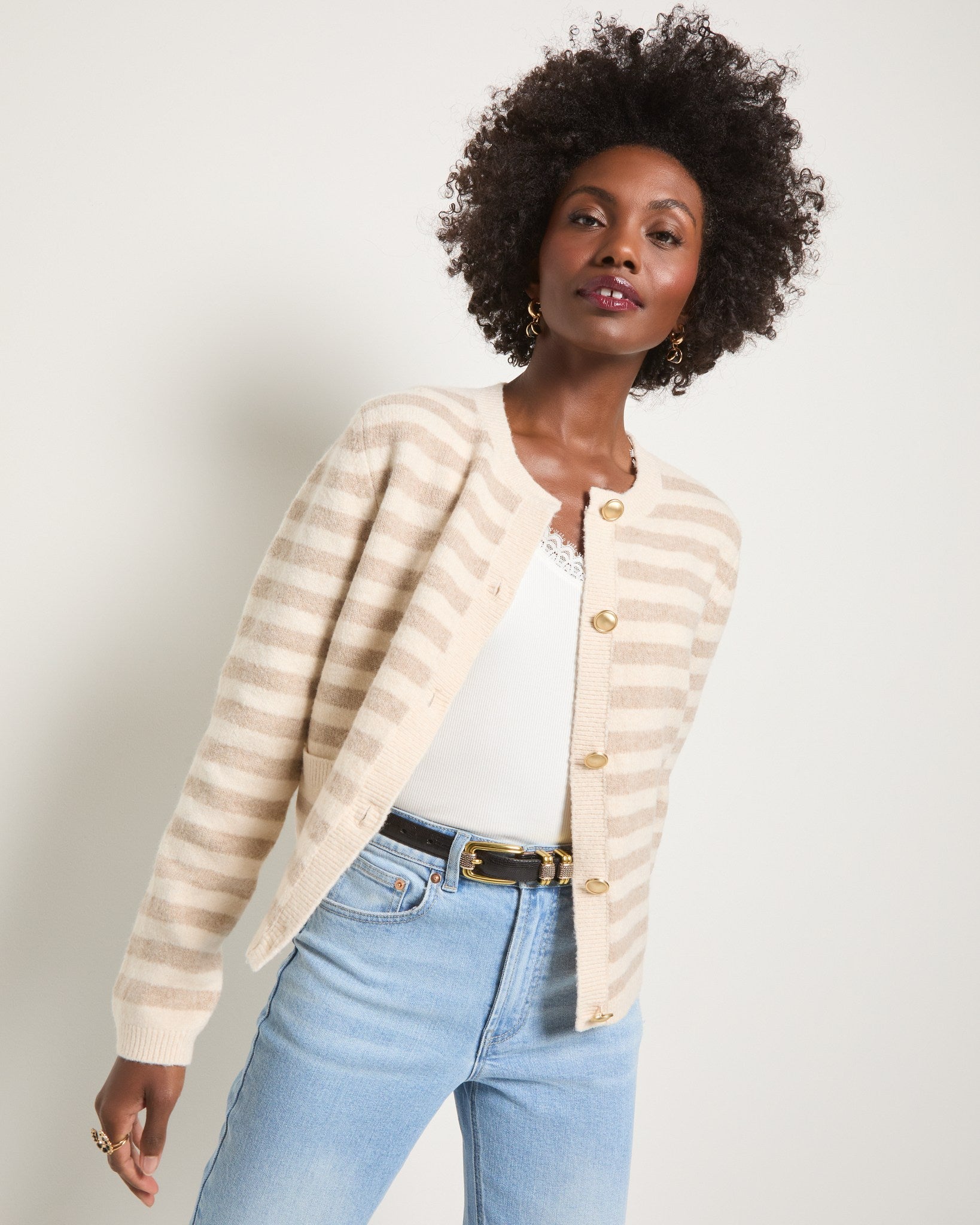 Cream Stripe $|& SEAS Coral Charm Cardigan - SOF Front