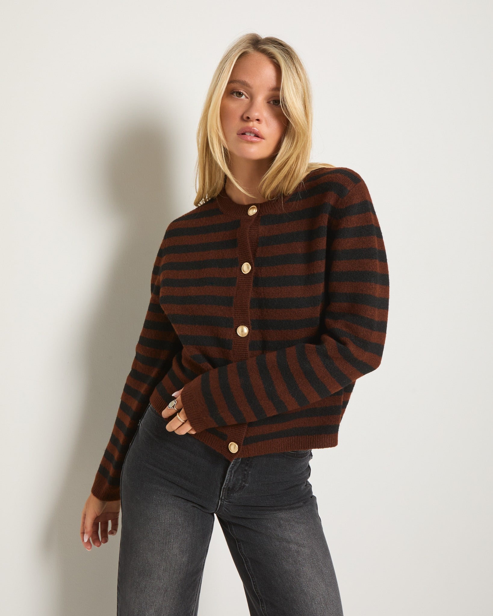 Mahogany Stripe $|& SEAS Coral Charm Cardigan - SOF Front