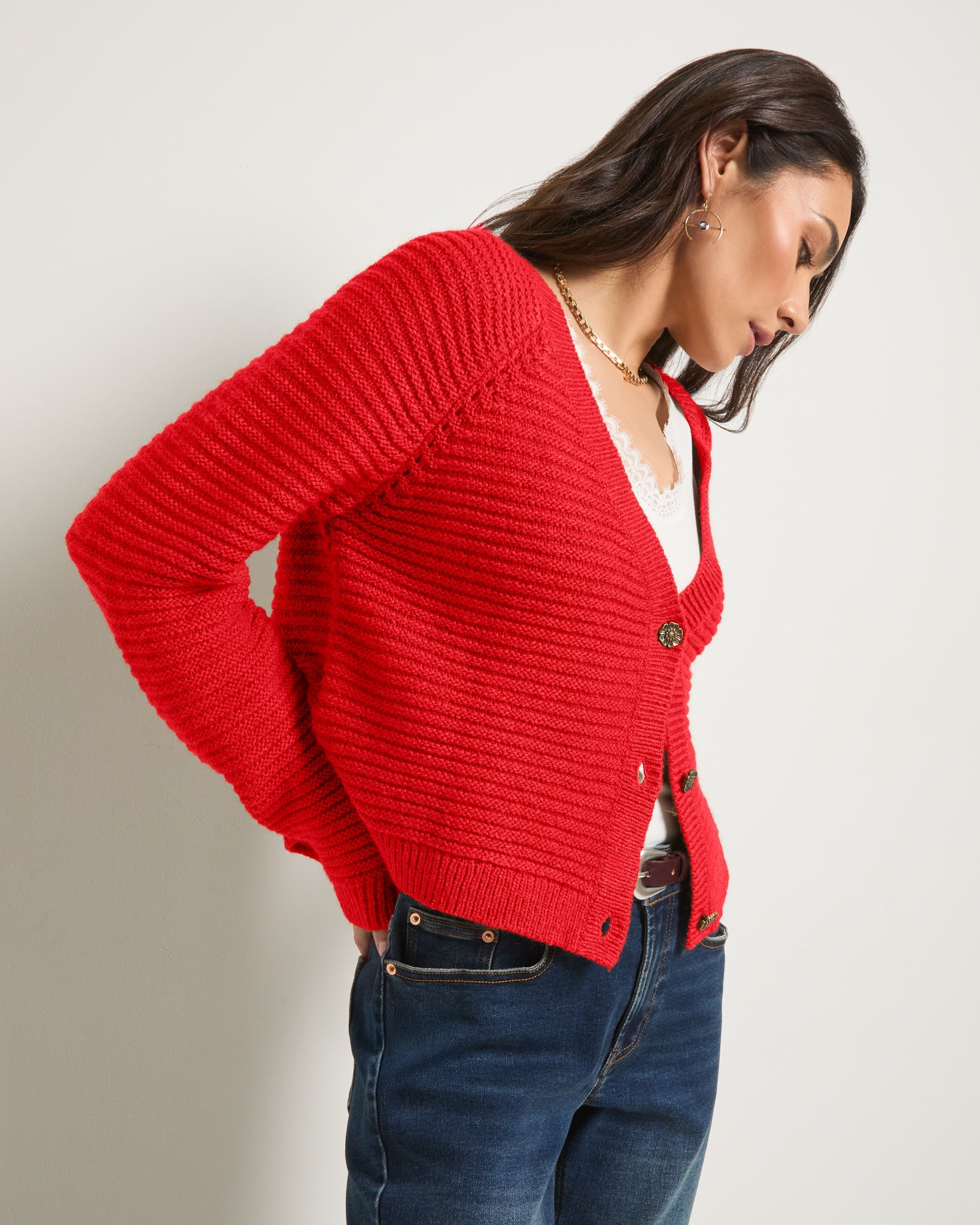 Pomegranate $|& SEAS Meadow V-Neck Cardigan - SOF Full Front