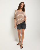 Latte $|& SEAS Wavetide Stripe V-Neck Sweater Tee - UGC On Fig