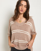 Latte $|& SEAS Wavetide Stripe V-Neck Sweater Tee - SOF Full Front
