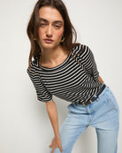 Black/White Stripe $|& SEAS Seabreeze Boat Neck Puff Sleeve Tee - VOF Front