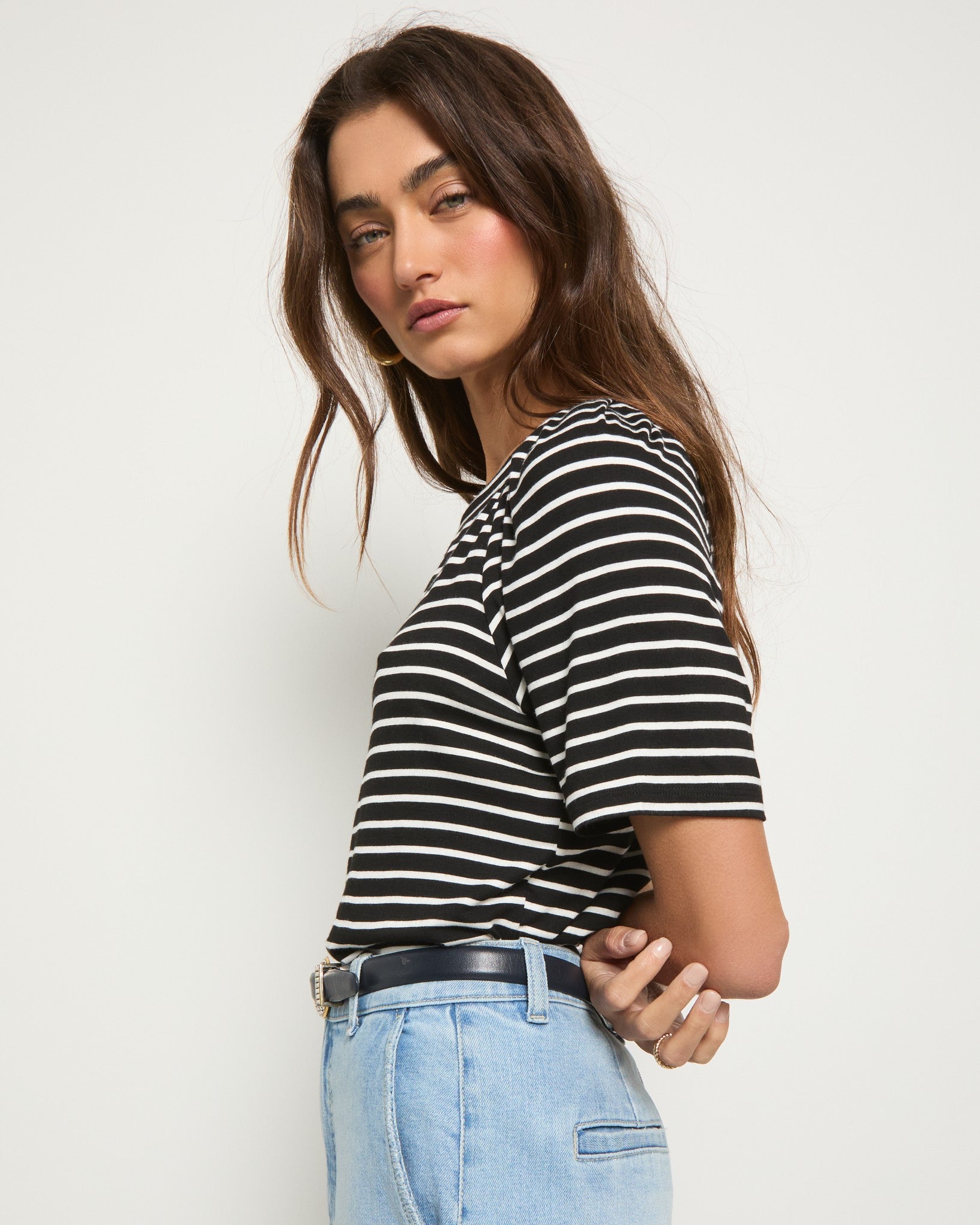 Black/White Stripe $|& SEAS Seabreeze Boat Neck Puff Sleeve Tee - SOF Full Front