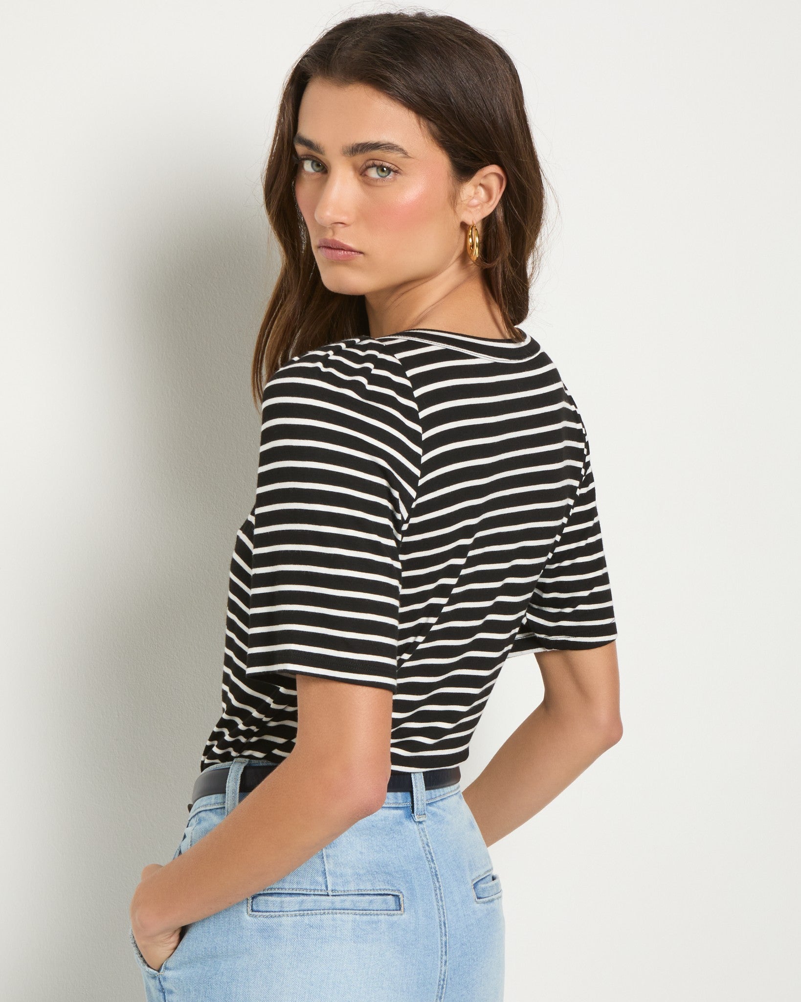 Black/White Stripe $|& SEAS Seabreeze Boat Neck Puff Sleeve Tee - SOF Back