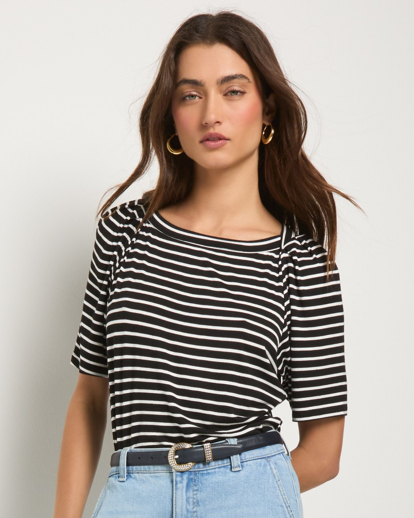Black/White Stripe $|& SEAS Seabreeze Boat Neck Puff Sleeve Tee - SOF Front
