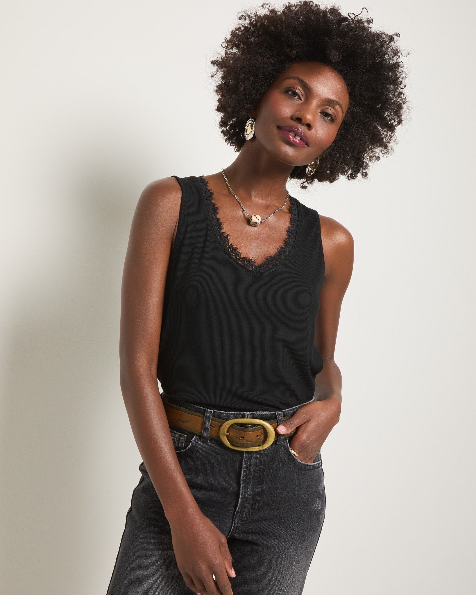 Black $|& SEAS Whitecap Lace Trim Tank - SOF Full Front