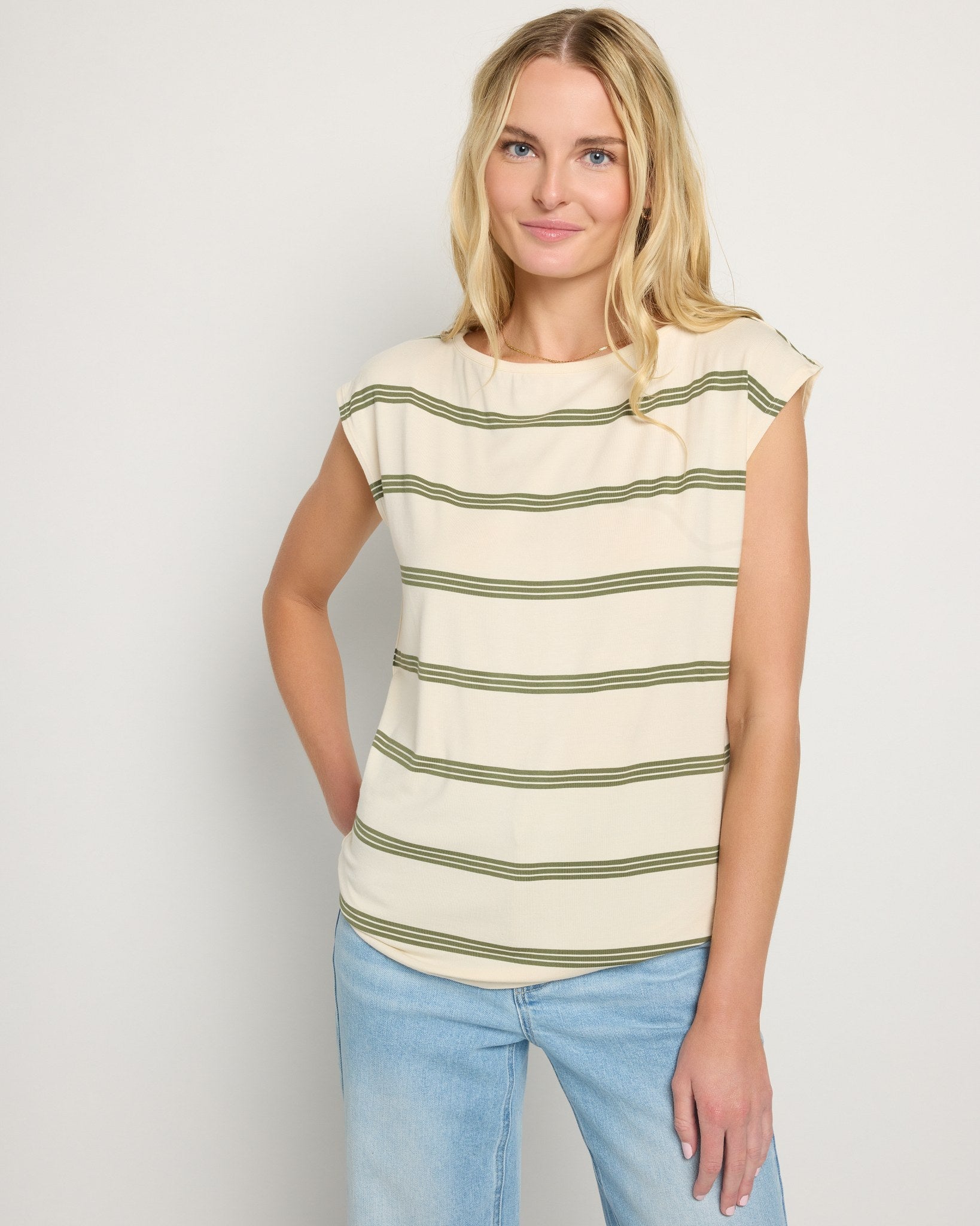 Cream Stripe $|& SEAS Brentwood Boat Neck Stripe Top - SOF Front