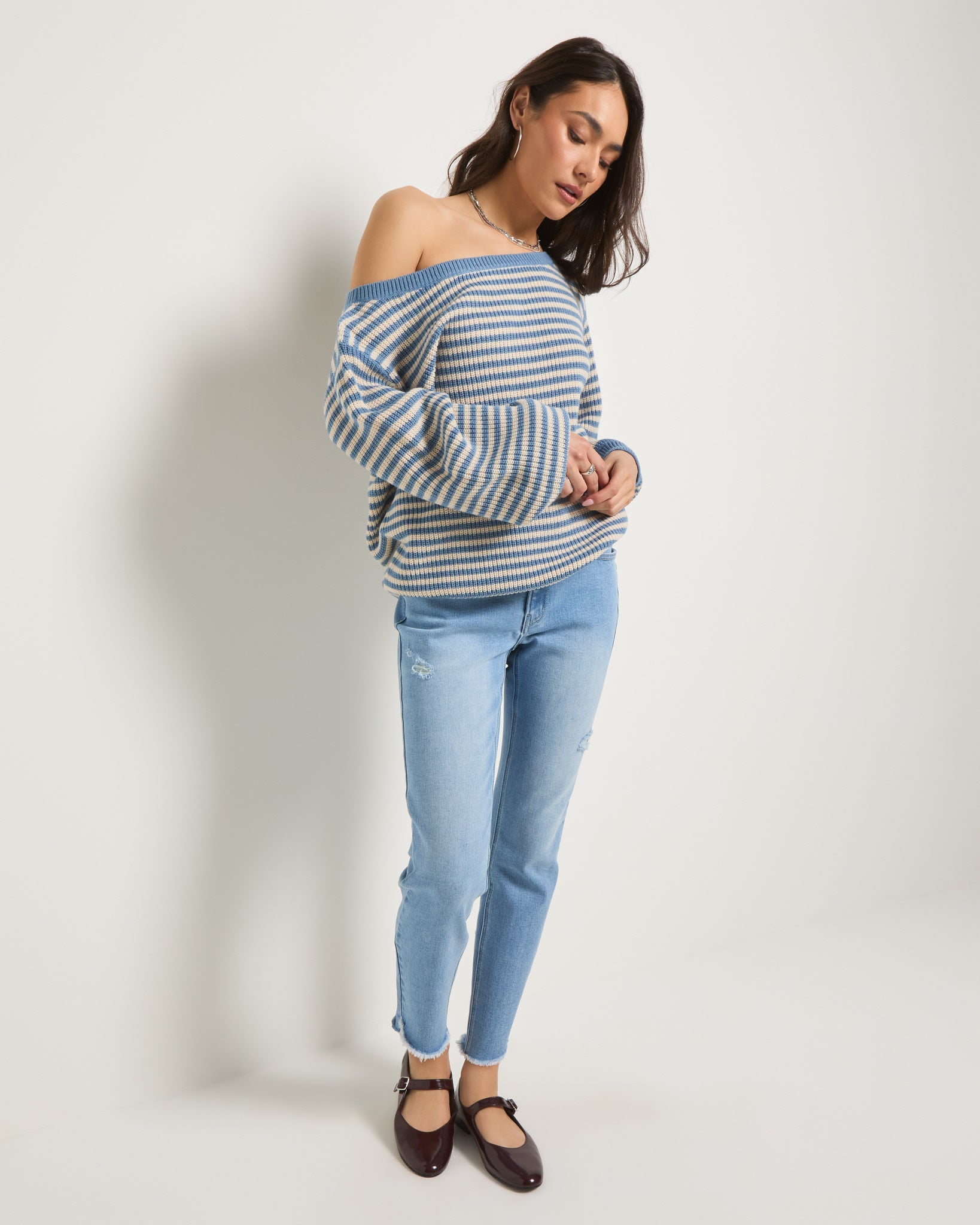 Country Blue/Cream $|& SEAS Sandy Boat Neck Sweater - UGC On Fig