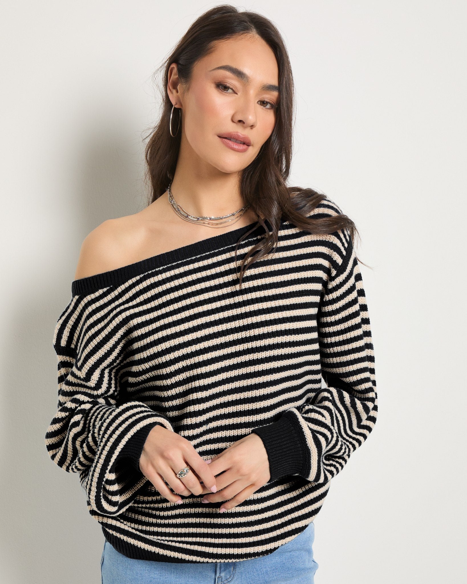 Black/Birch $|& SEAS Sandy Boat Neck Sweater - SOF Front