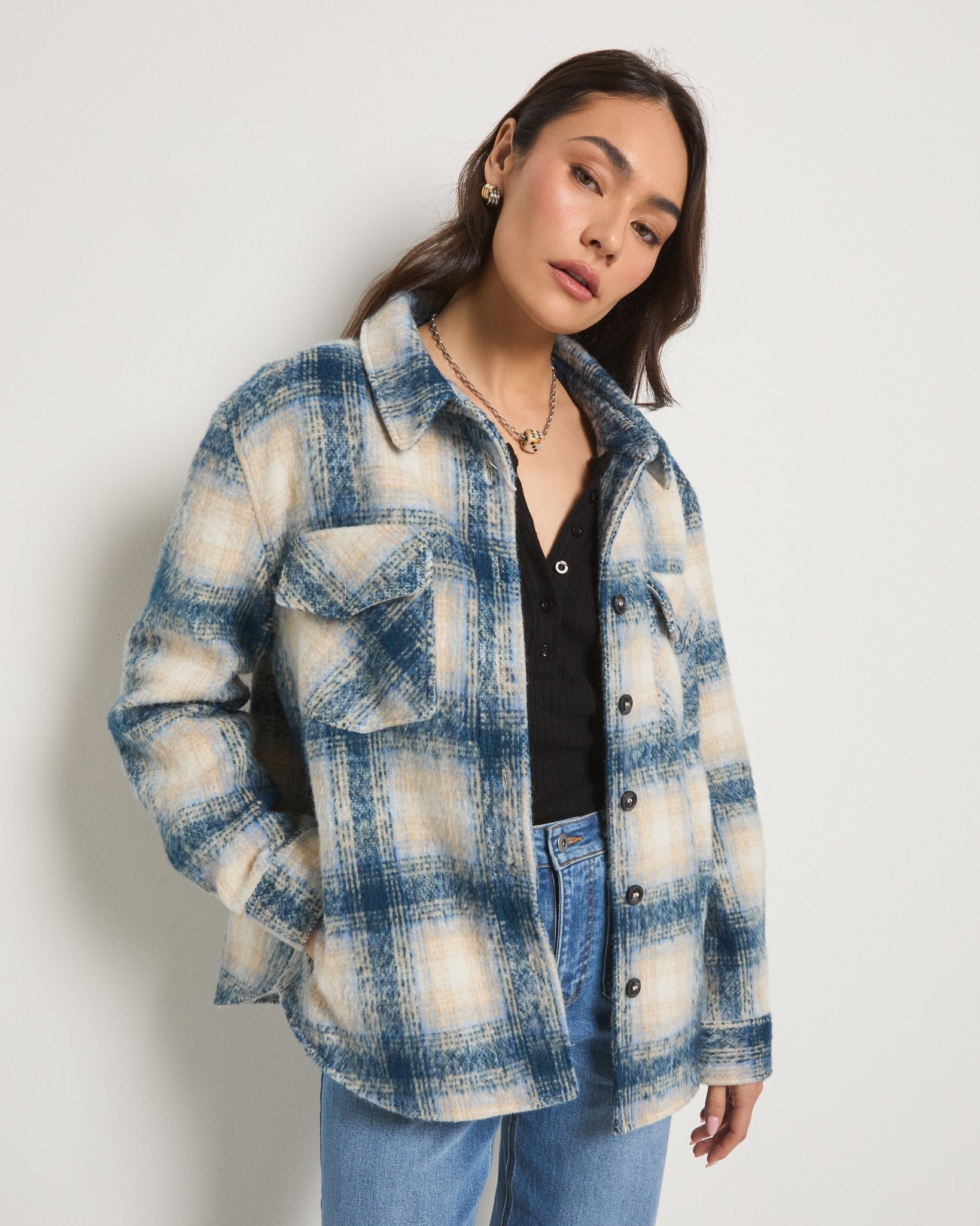 Blue Plaid $|& SEAS Cozy Plaid Shacket - SOF Front