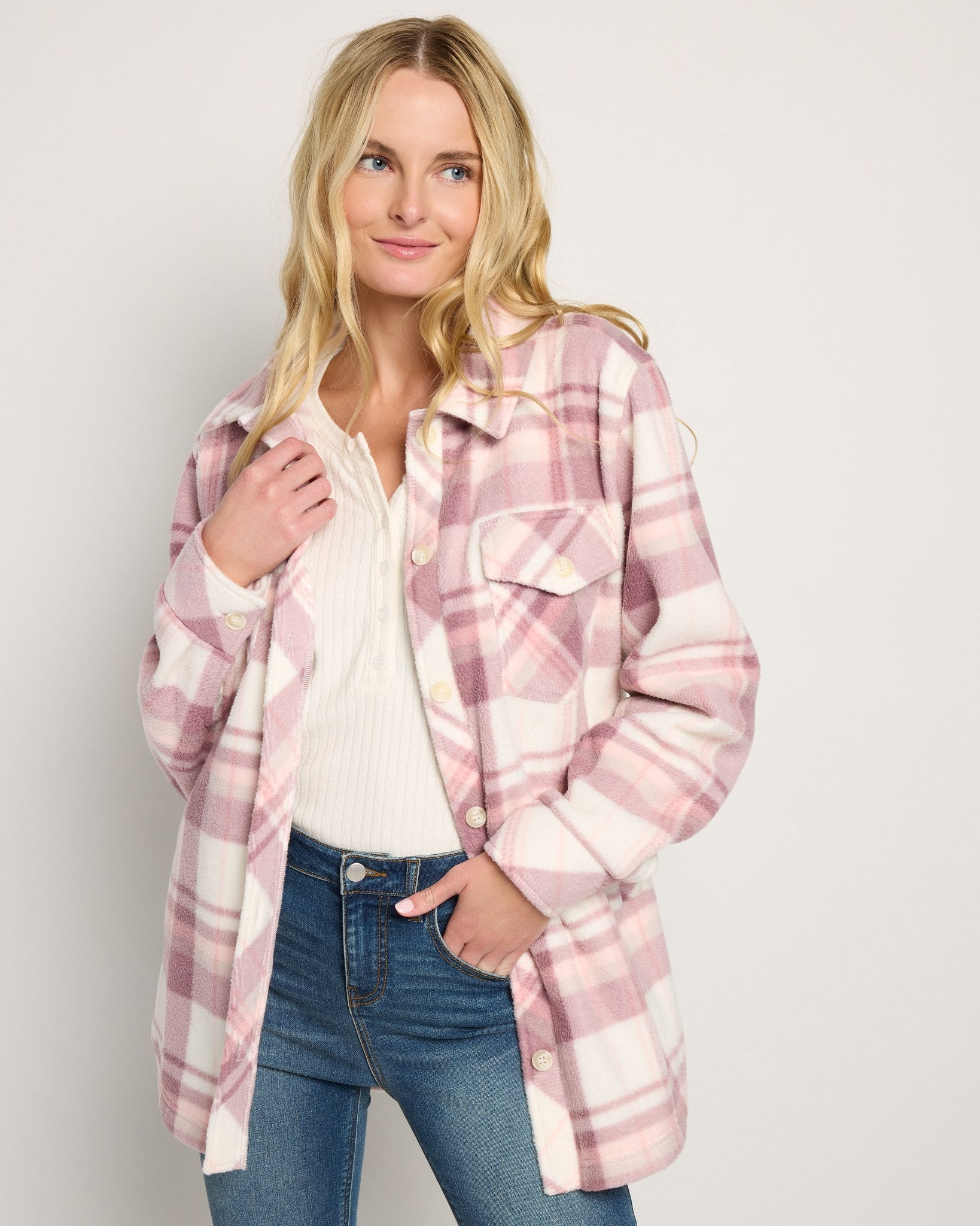 Pink Plaid $|& SEAS Gemma Microfleece Shacket - SOF Front