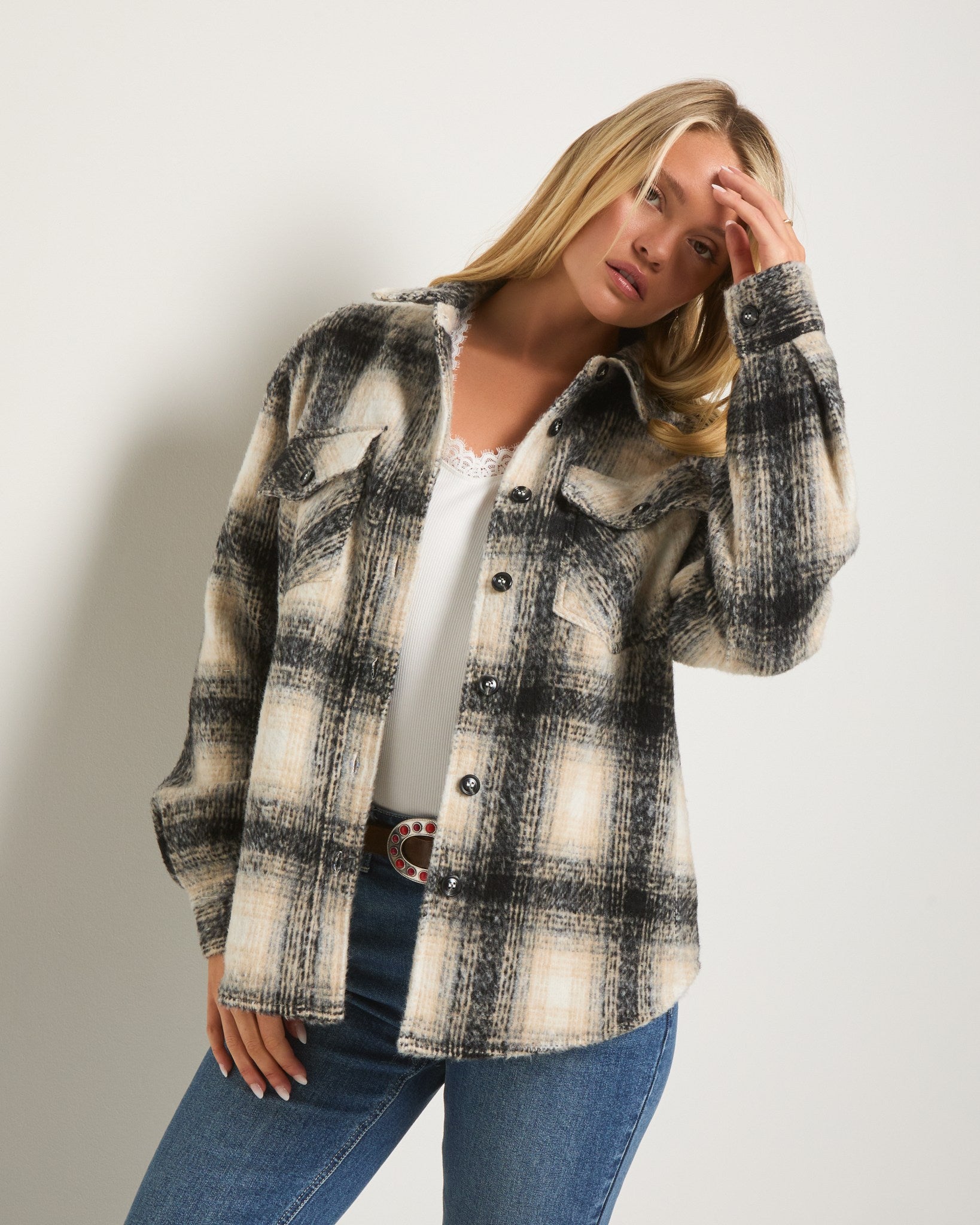 Black Plaid $|& SEAS Cozy Plaid Shacket - SOF Front