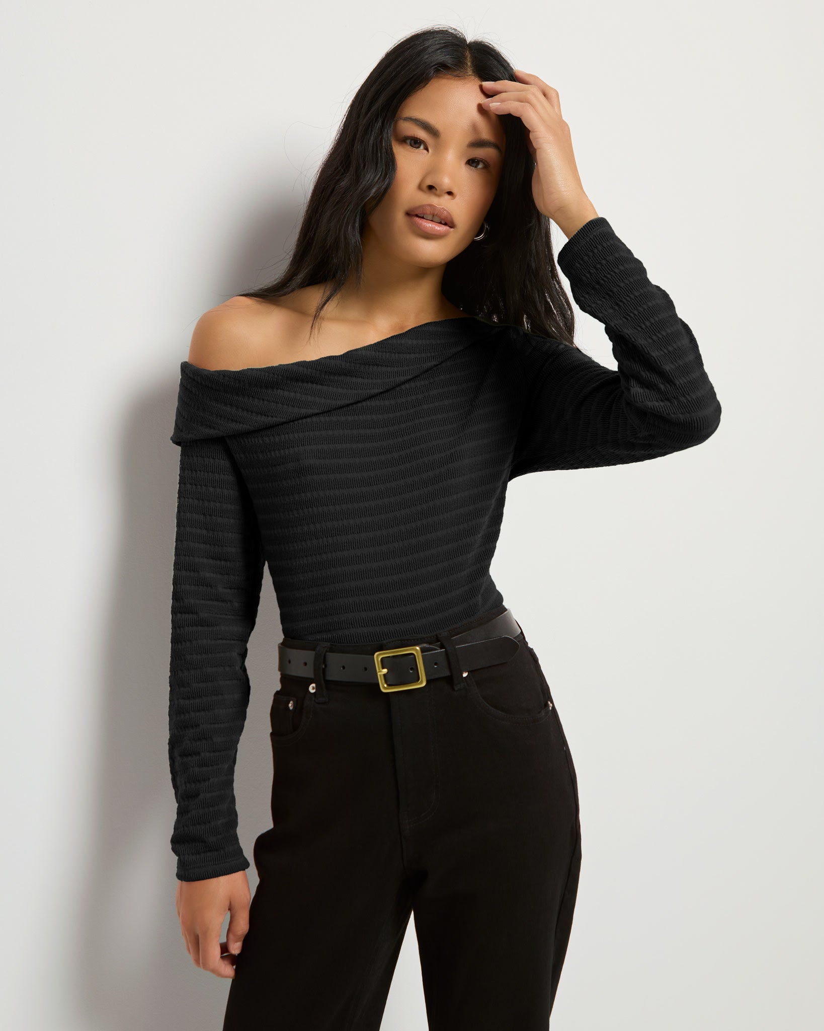 Black $|& SEAS Marigold One Shoulder Top - SOF Front