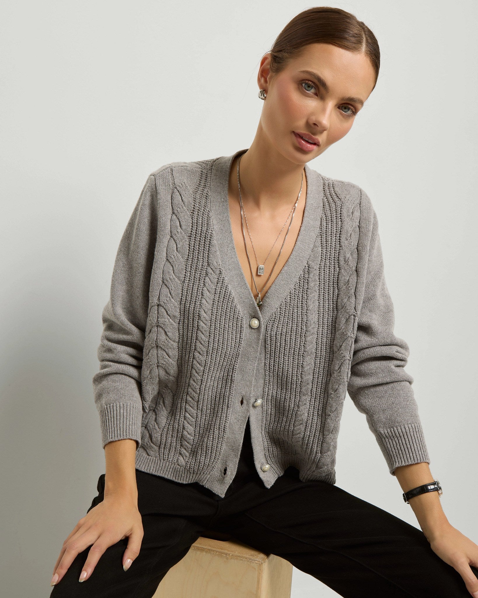 Heather Grey $|& SEAS Amethyst Cable Cardigan - SOF Front