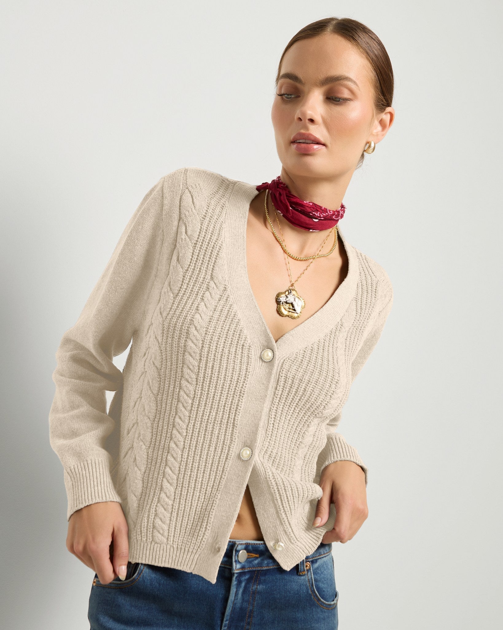 Heather Cream $|& SEAS Amethyst Cable Cardigan - VOF Front