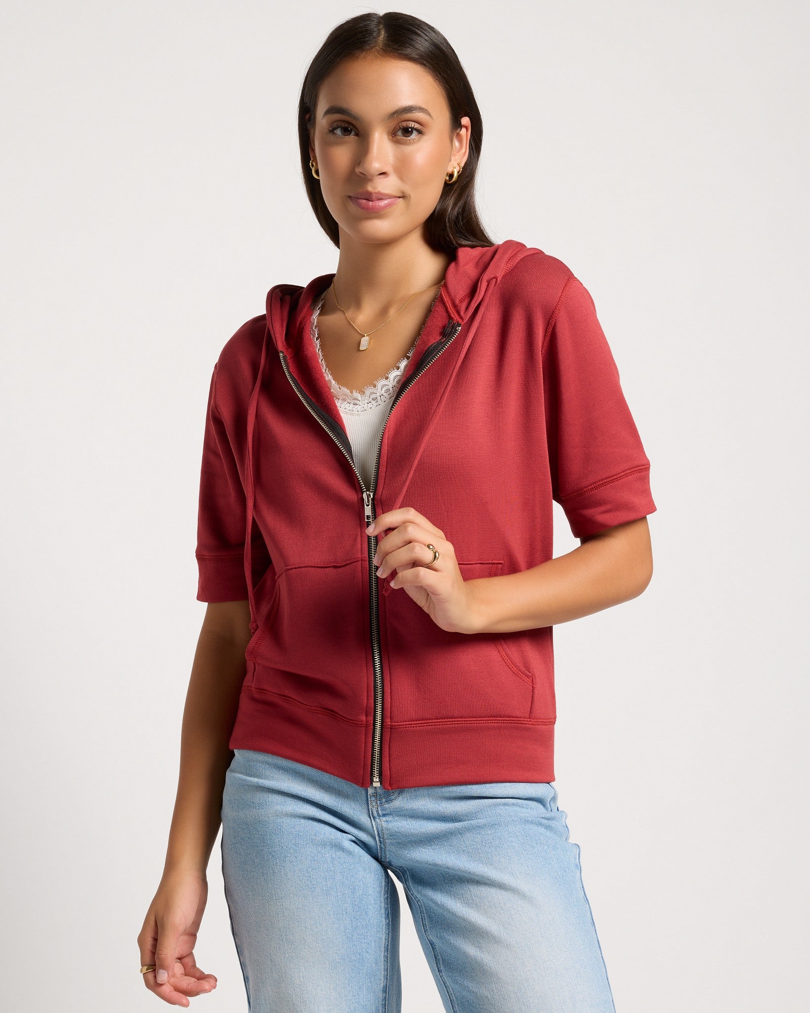 Rosewood $|& SEAS Short Sleeve Fleece Zip Up - SOF Front