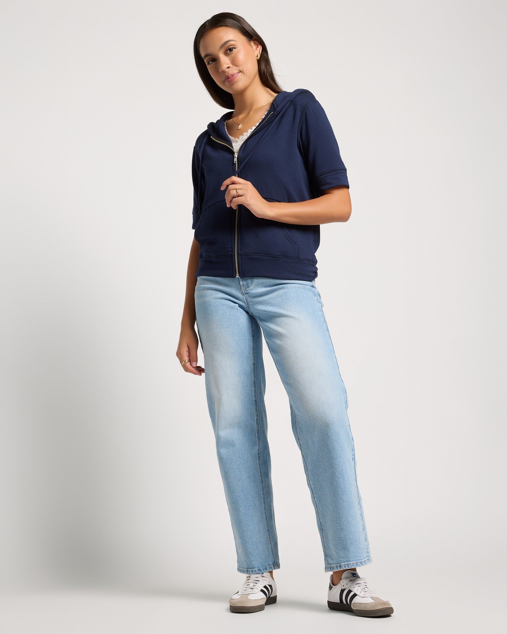 Navy $|& SEAS Short Sleeve Fleece Zip Up - UGC On Fig