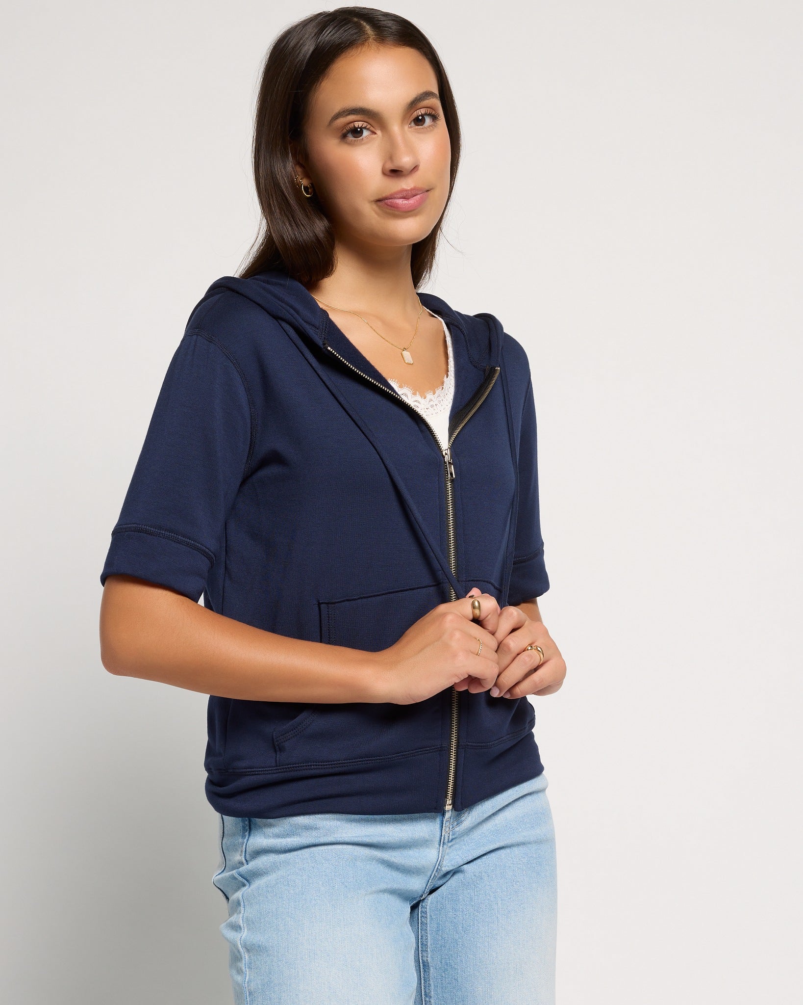 Navy $|& SEAS Short Sleeve Fleece Zip Up - SOF Front