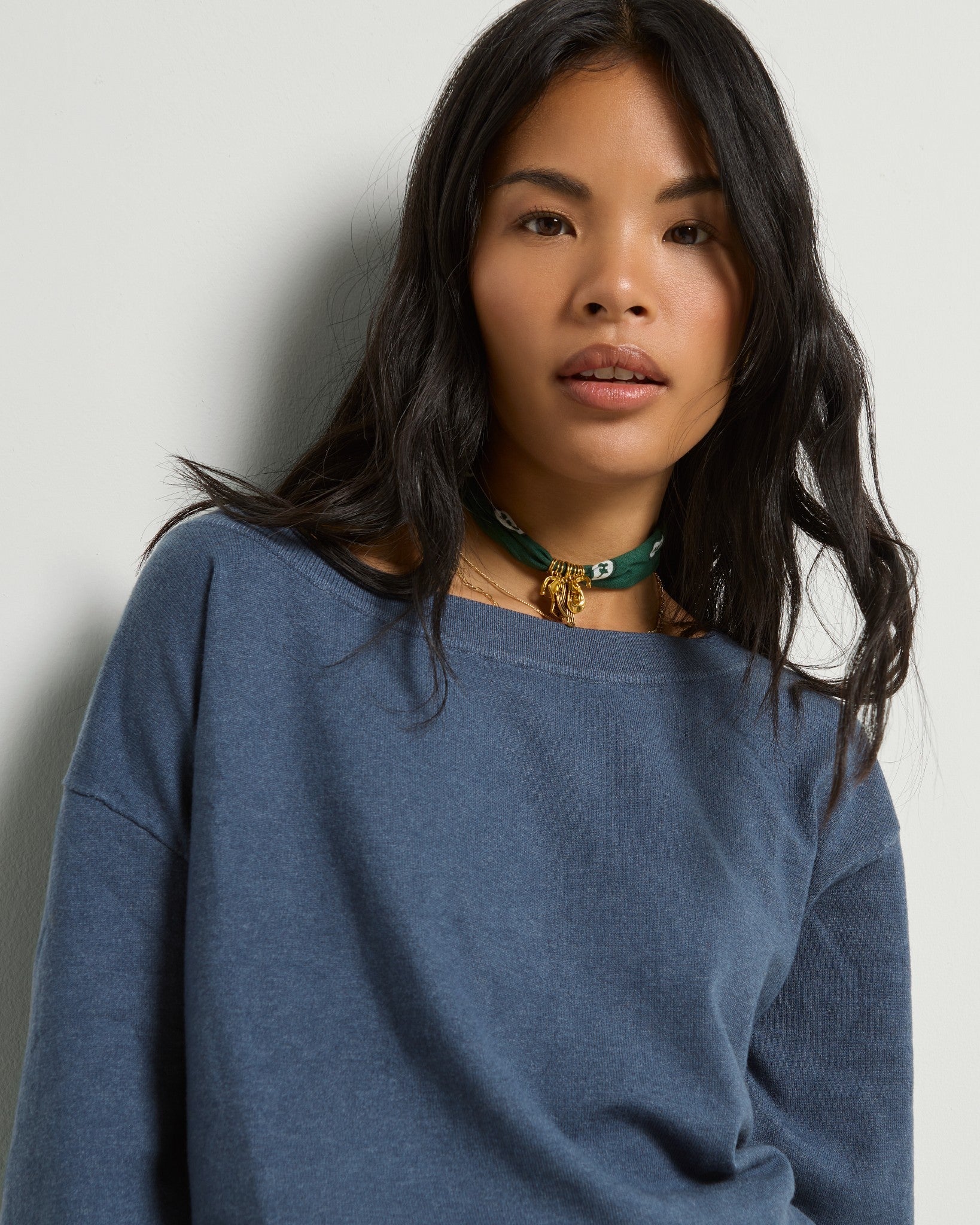 Heather Indigo Haze $|& SEAS Pacific One Shoulder Sweater - SOF Full Front