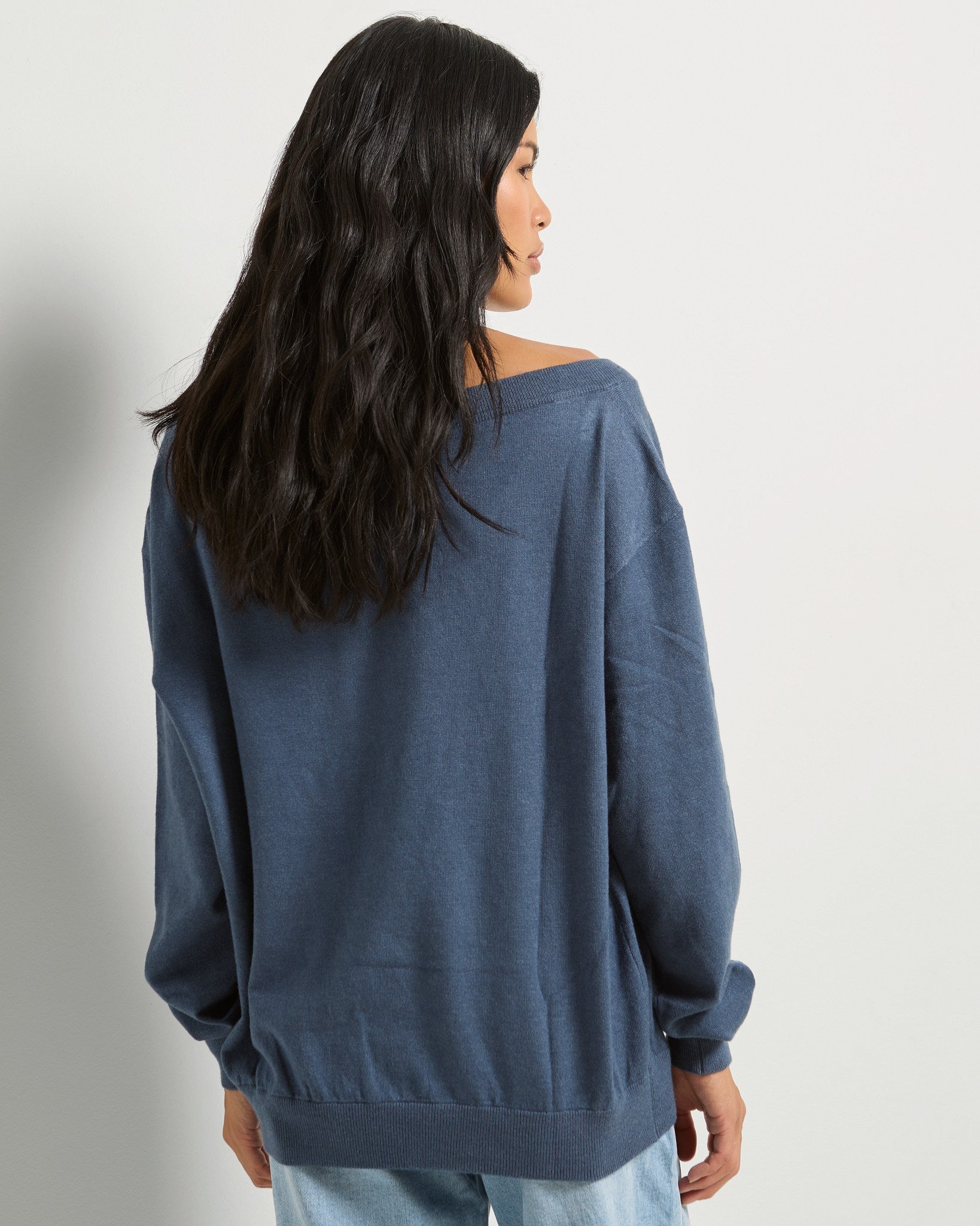 Heather Indigo Haze $|& SEAS Pacific One Shoulder Sweater - SOF Back