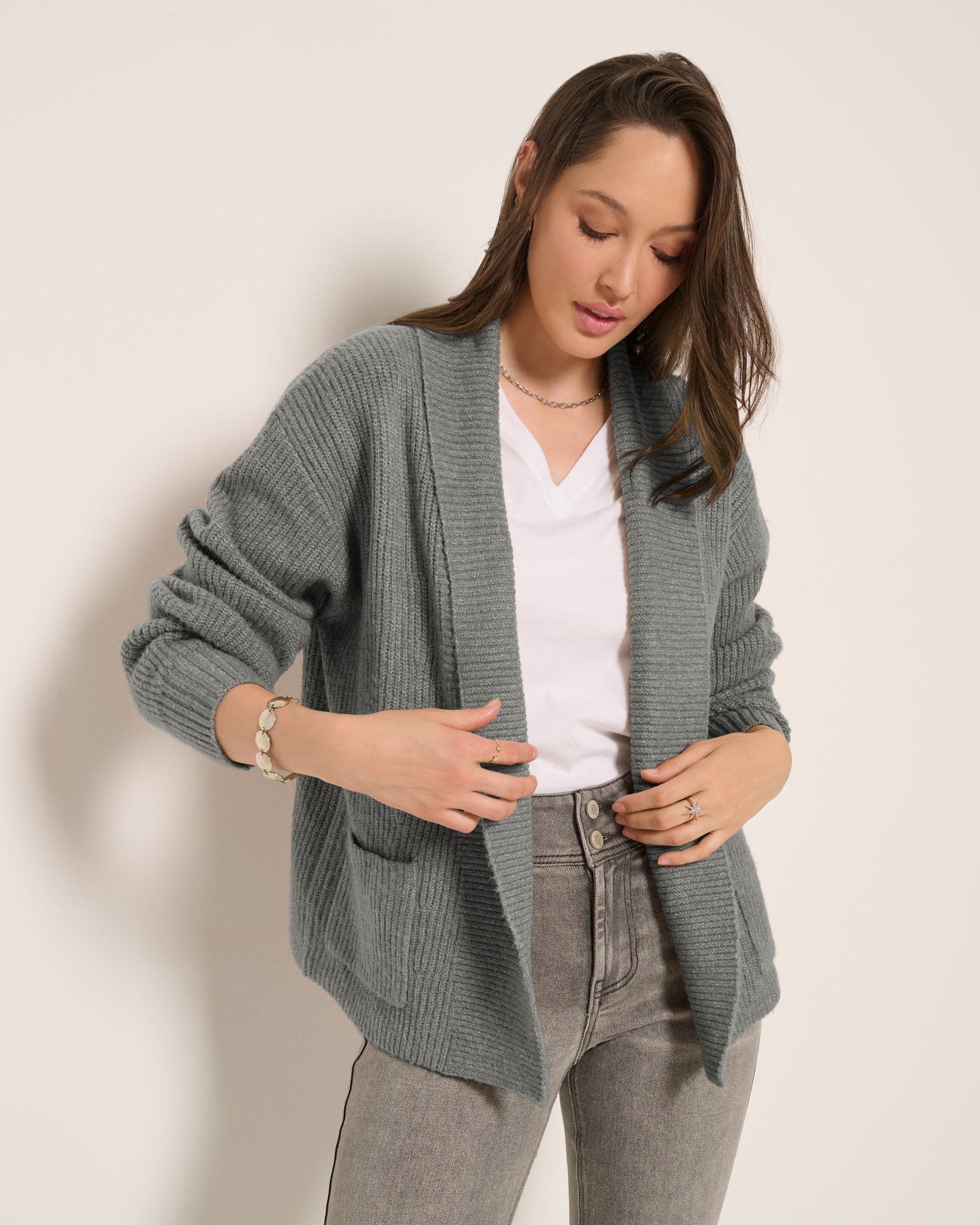 Light Heather Grey $|& SEAS Emerald Cardigan - SOF Front
