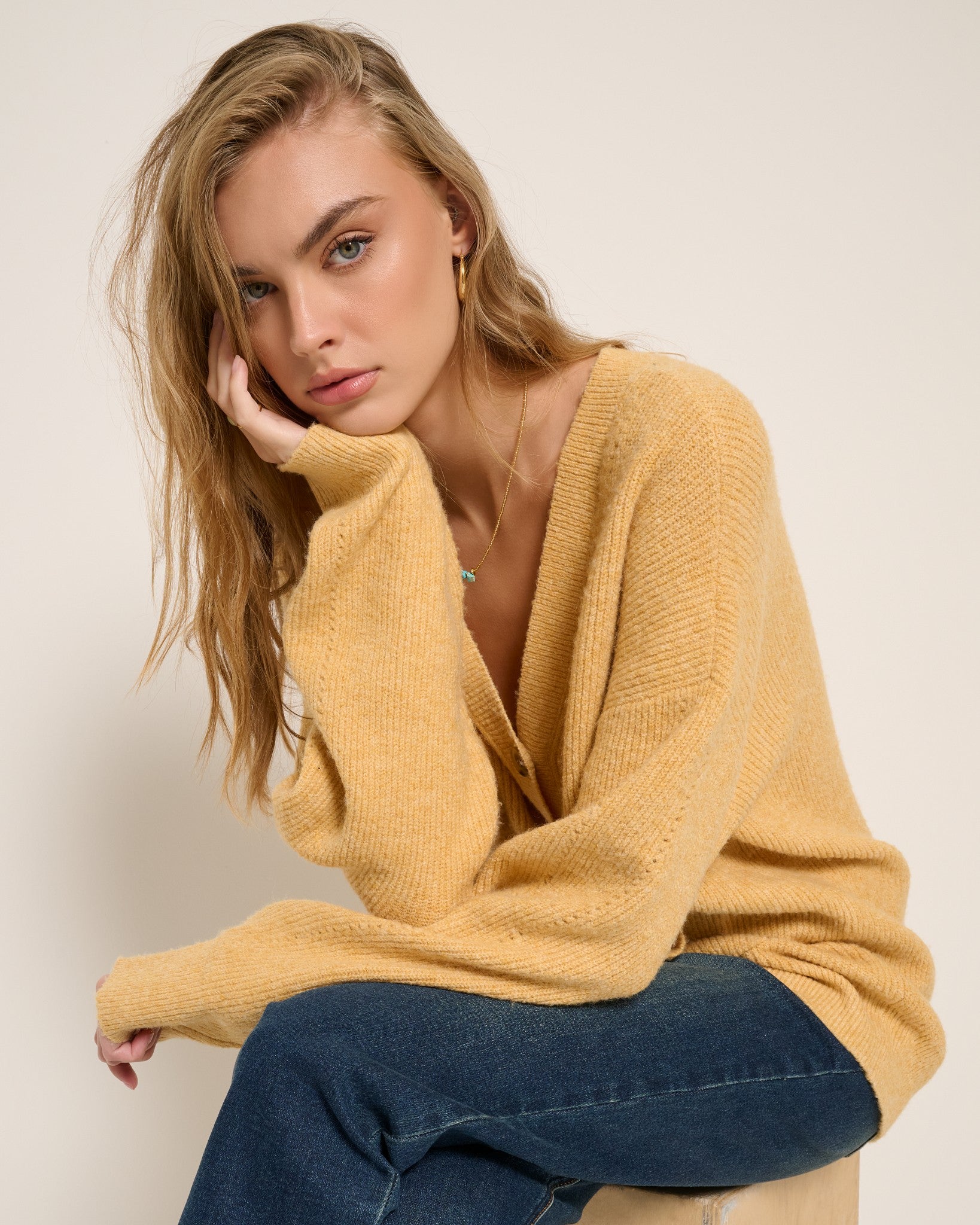 Heather Golden $|& SEAS Callie V-Neck Cardigan - SOF Full Front