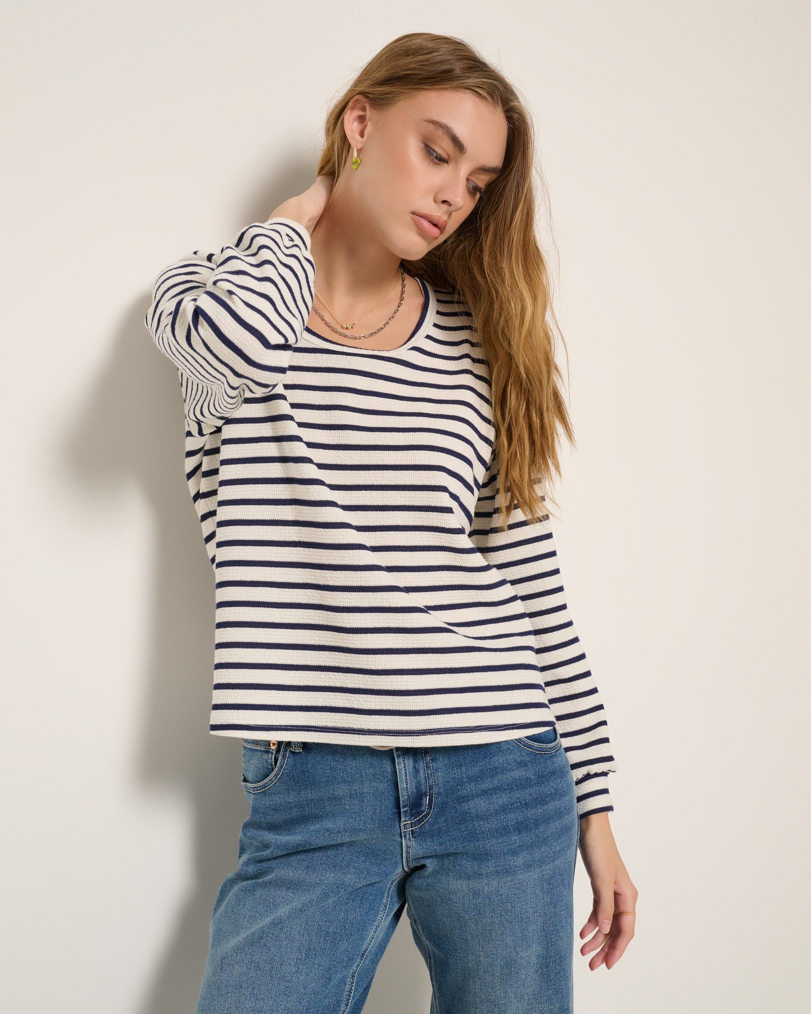 Deep Sea Striped Long Sleeve Tee - Puff Sleeve & Scoop Neck