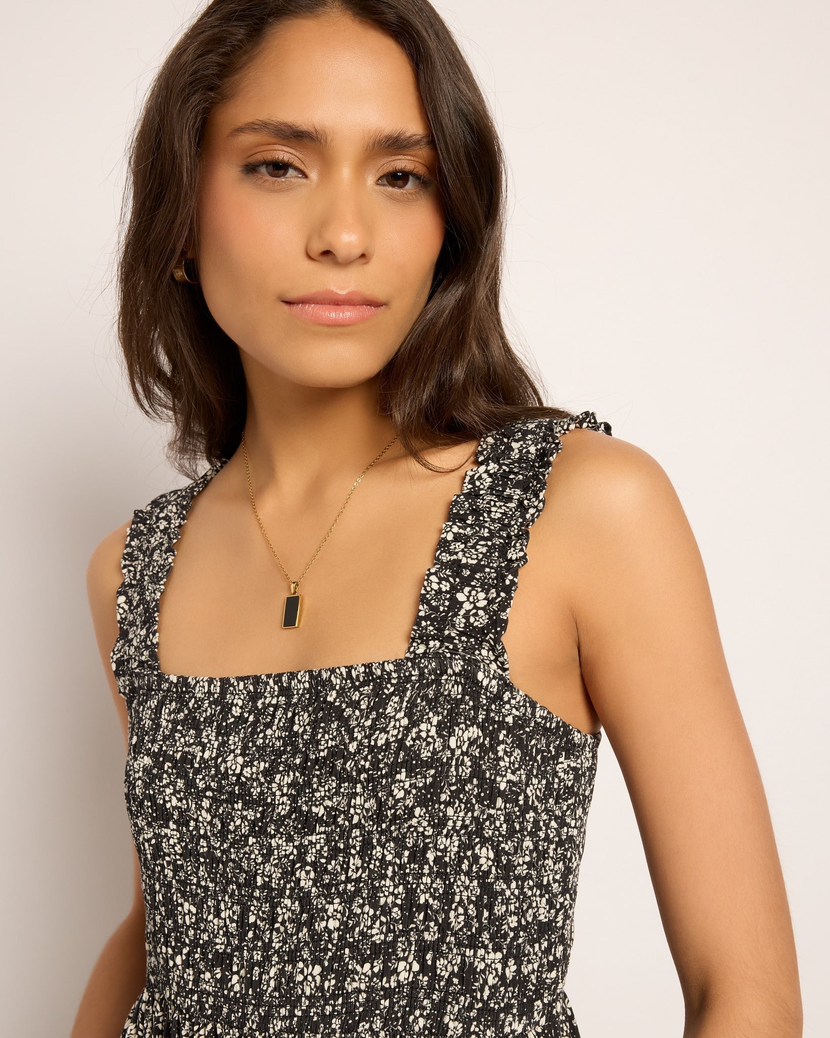 Black Floral $|& SEAS Westbreeze Printed Smocked Maxi Dress - SOF Full Front