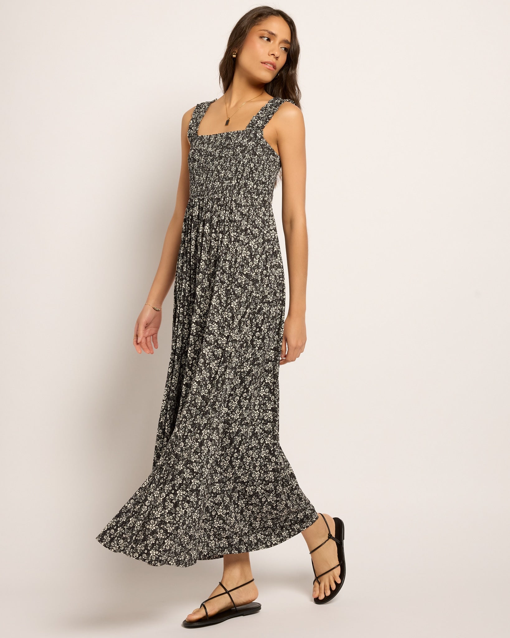 Black Floral $|& SEAS Westbreeze Printed Smocked Maxi Dress - VOF Front
