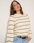 Cream $|& SEAS Striped Pacific Puff Shoulder Crew Neck Sweater - VOF Front