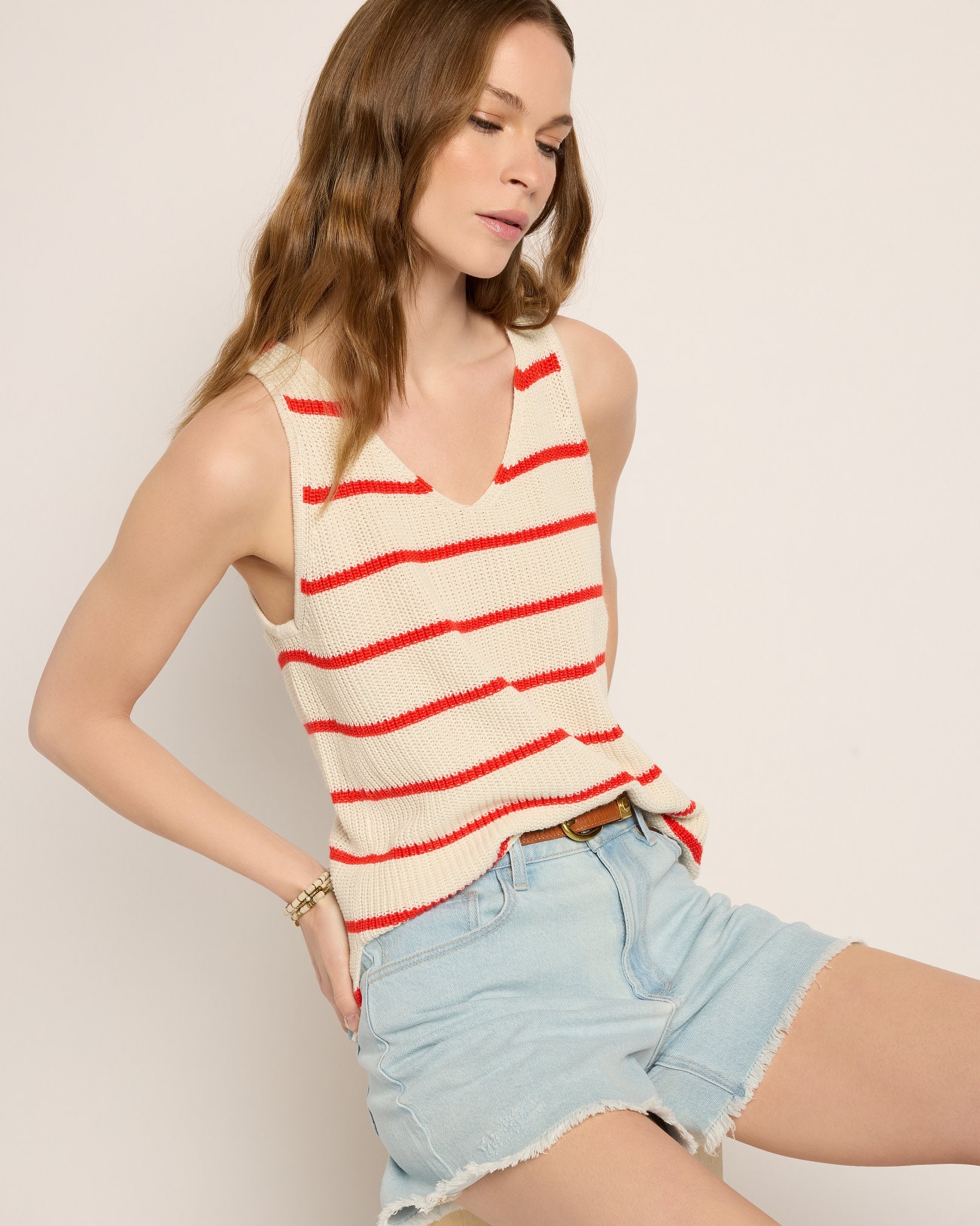 Cream/Red Stripe $|& SEAS Coastal V-Neck Stripe Sweater Tank - VOF Front