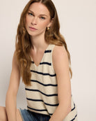 Cream/Navy Stripe $|& SEAS Coastal V-Neck Stripe Sweater Tank - VOF Front